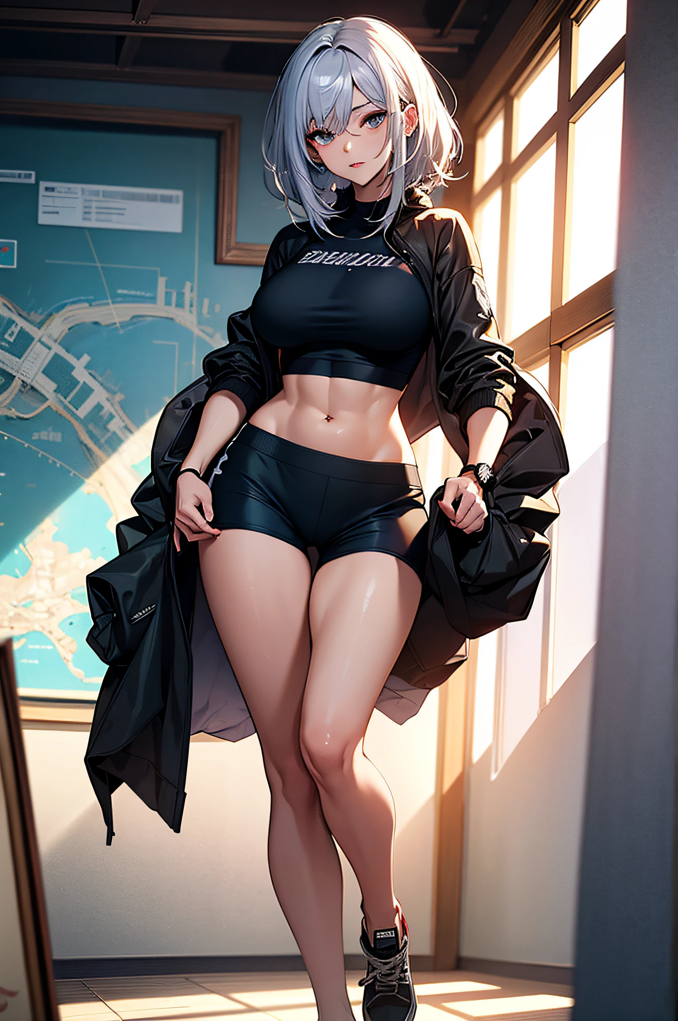 Curvaceous but slender、bionde、silber hair、ornament detached、accessorized、Muchimuchi Body、Muscle Training Girls、mole、Distinctive charm points、Thin eyebrows、Sauce order、poneyTail、plump lips、Physical beauty、disheveled hair、Unique fashion、Depiction in motion、hawaii、(top-quality、hight resolution、8k、masterpiece:1.2)。Muscular short-haired woman in T-shirt shorts、I am doing an inverted bar in a Hawaiian room with a sea view。Trained muscles are arms and abs、Stand out on the legs。Her sweat is a testament to hard work、The contours of the muscles are beautifully revealed.。The Western-style room has a fairly large floor plan with depth.、Brilliant light streaming in from the window、Her beautiful skin shines all over her body like a Hollywood actress stands out。On the walls of the neat mansion-like room, artistic paintings and stylish art works are displayed.、Please depict her challenging her limits with a powerful expression.。