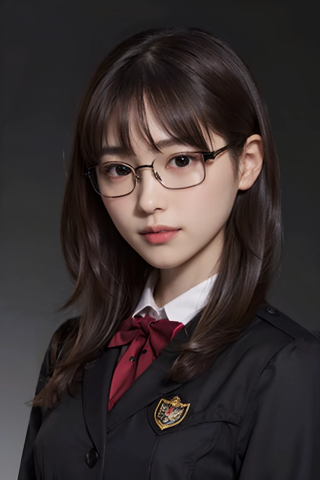 (8K、Raw photography、top-quality、masterpiece:1.2)、(realisitic、Photorealsitic:1.37)、ultra-detailliert、超A high resolution、 1 人、29yo、see the beholder、beautifull detailed face、Smile、Constriction、(Slim waist) :1.3)、Beautiful detailed skin、Skin Texture、Floating hair、Hair bunched into one、(Wearing a uniform:1.4)、Professional Lighting、Autumn afternoon、(((Black square glasses )))、Whole human body、Black hair、((Shameful appearance))、