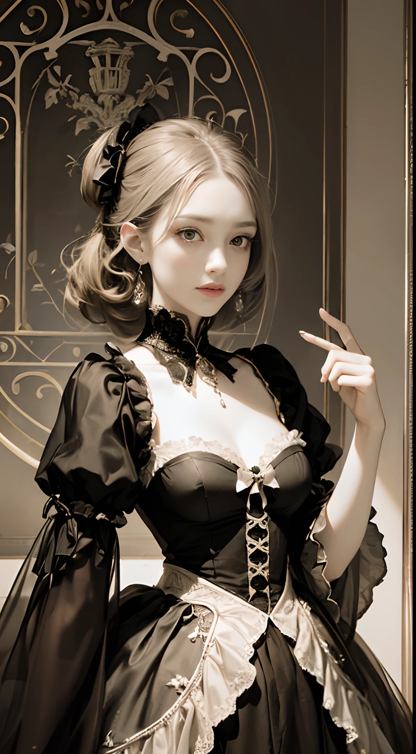 (Pure Color: 0.9), (Color: 1.1), (Masterpiece: 1,2), Best Quality, Masterpiece, High Resolution, Original, Highly Detailed Wallpaper, Beauty, Victorian, Dress, Sad, Small Face, Big Breasts, Sepia