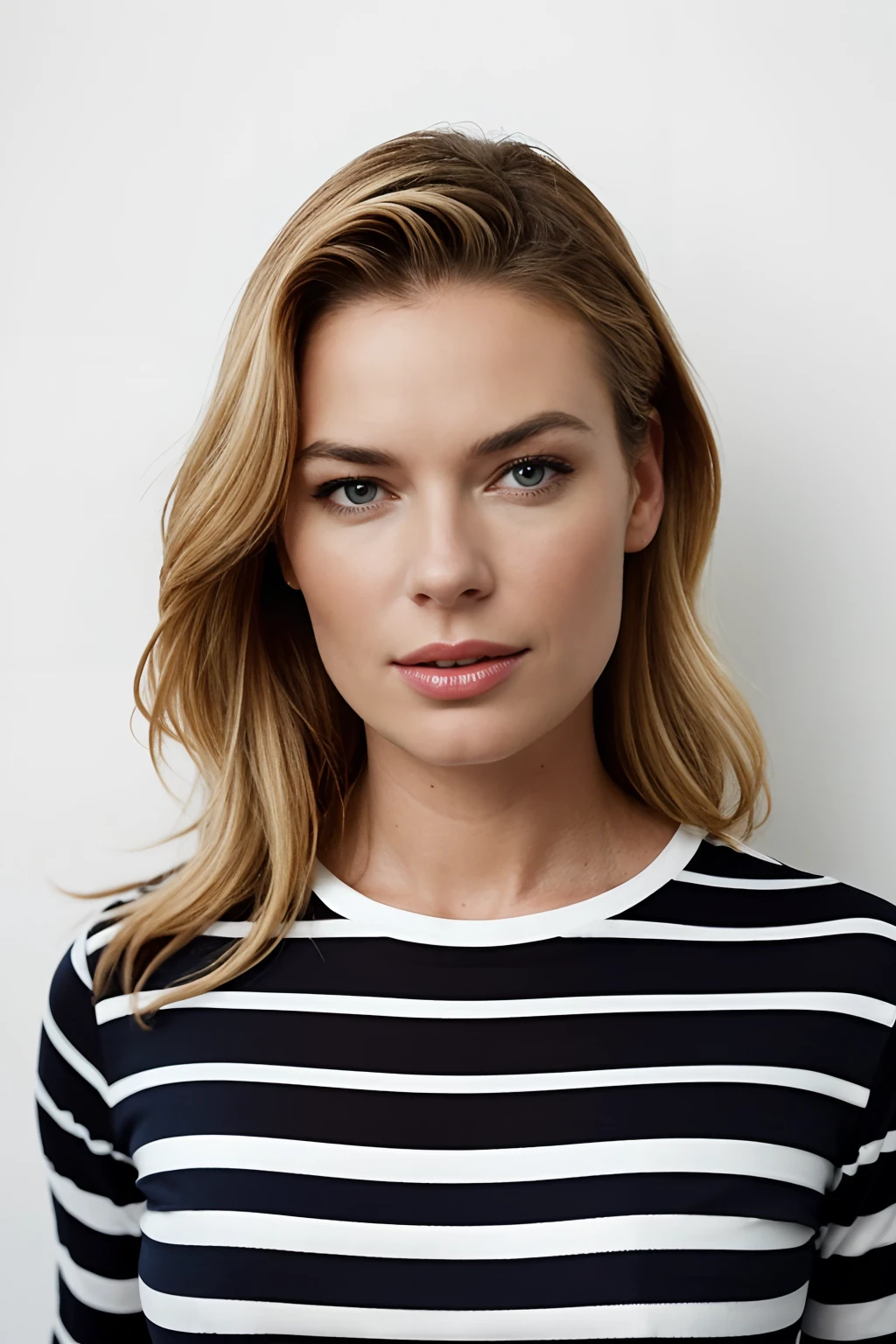 Rebecca romijn wearing a striped shirt, a portrait by Isabel Naftel, trending on pinterest, bauhaus, minimalist, angular, ornate
