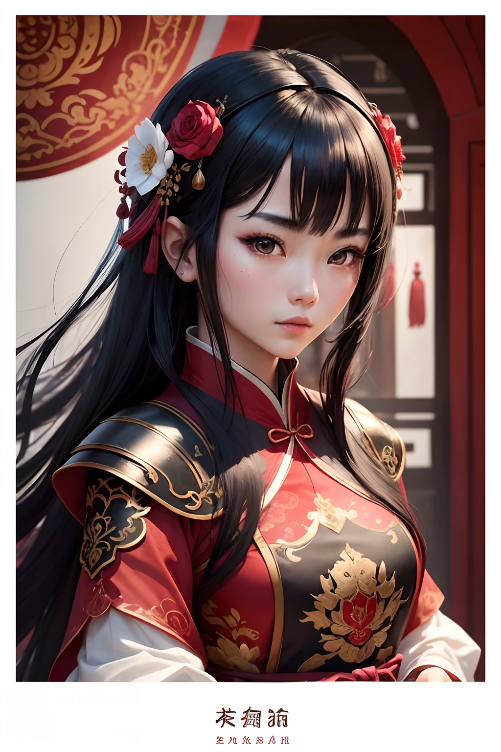 1 girl, woman, handsome, ink, Chinese armor, ((2.5D)), black hair, floating hair, delicate eyes, black and red antique damask Hanfu, fov, (f1.8), (masterpiece), (portrait shot), front shot, white background, (movie poster)