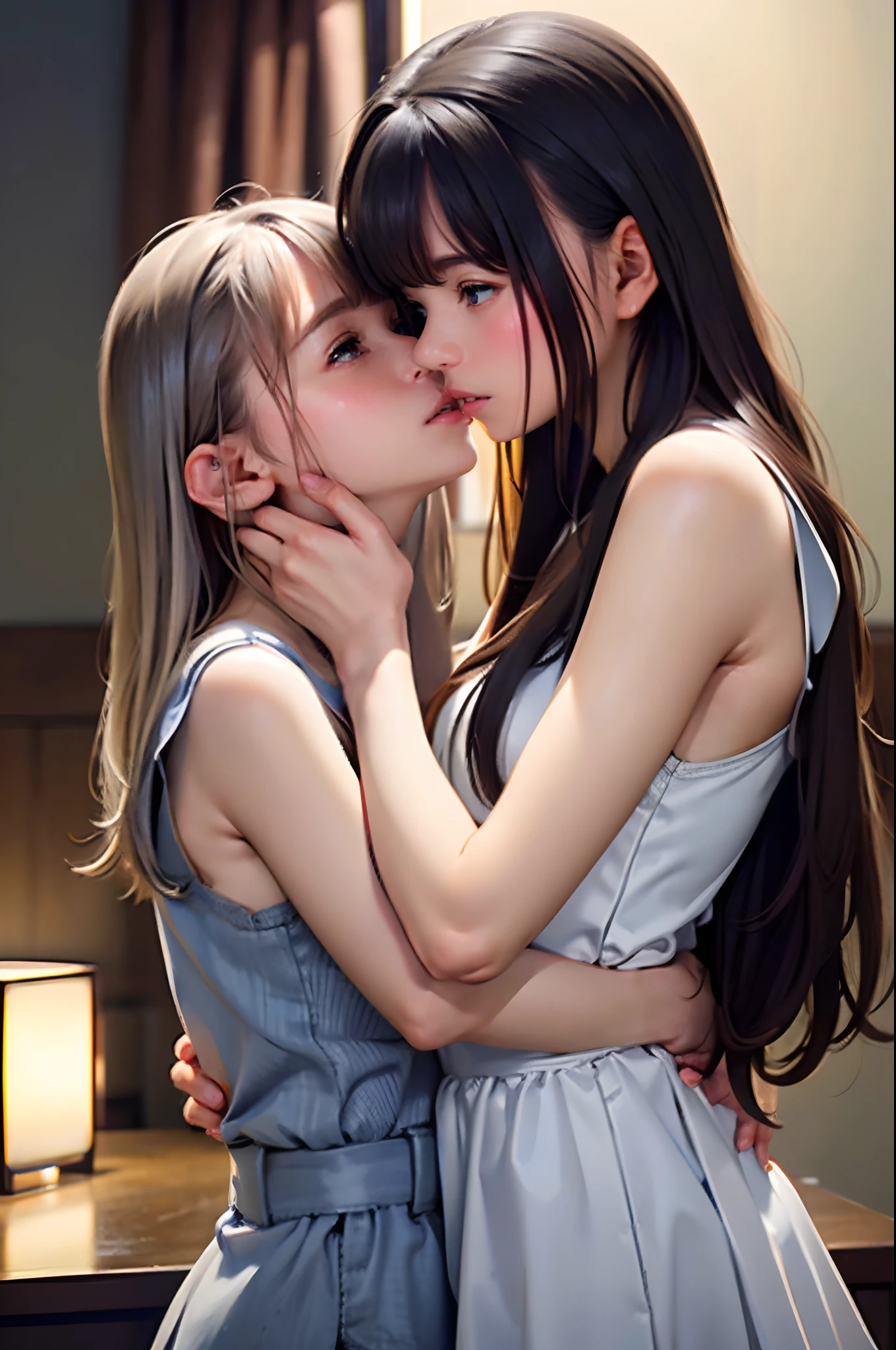 超A high resolution、masterpiece、top-quality、
extra detailed face、shinny skin、Perfect litthing、pretty skin、clean lips、cabelos preto e longos、the kiss、room at night、stare at each other、twinsies、embracing each other