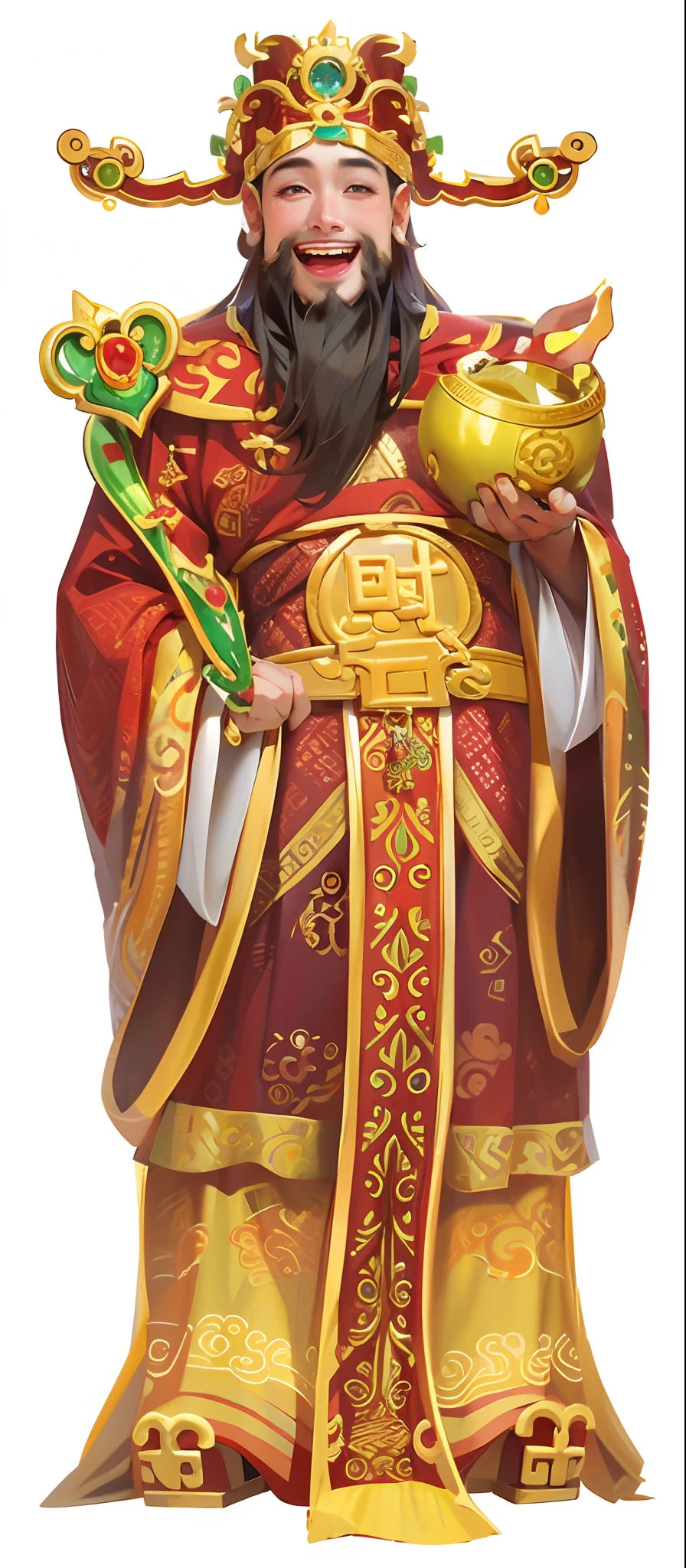 Libido boy，God of Wealth，big laughter，laughing heartily,happy laughing， Holding a gold ingot in his right hand，The green jade ruyi in the left hand，Wear an official hat，