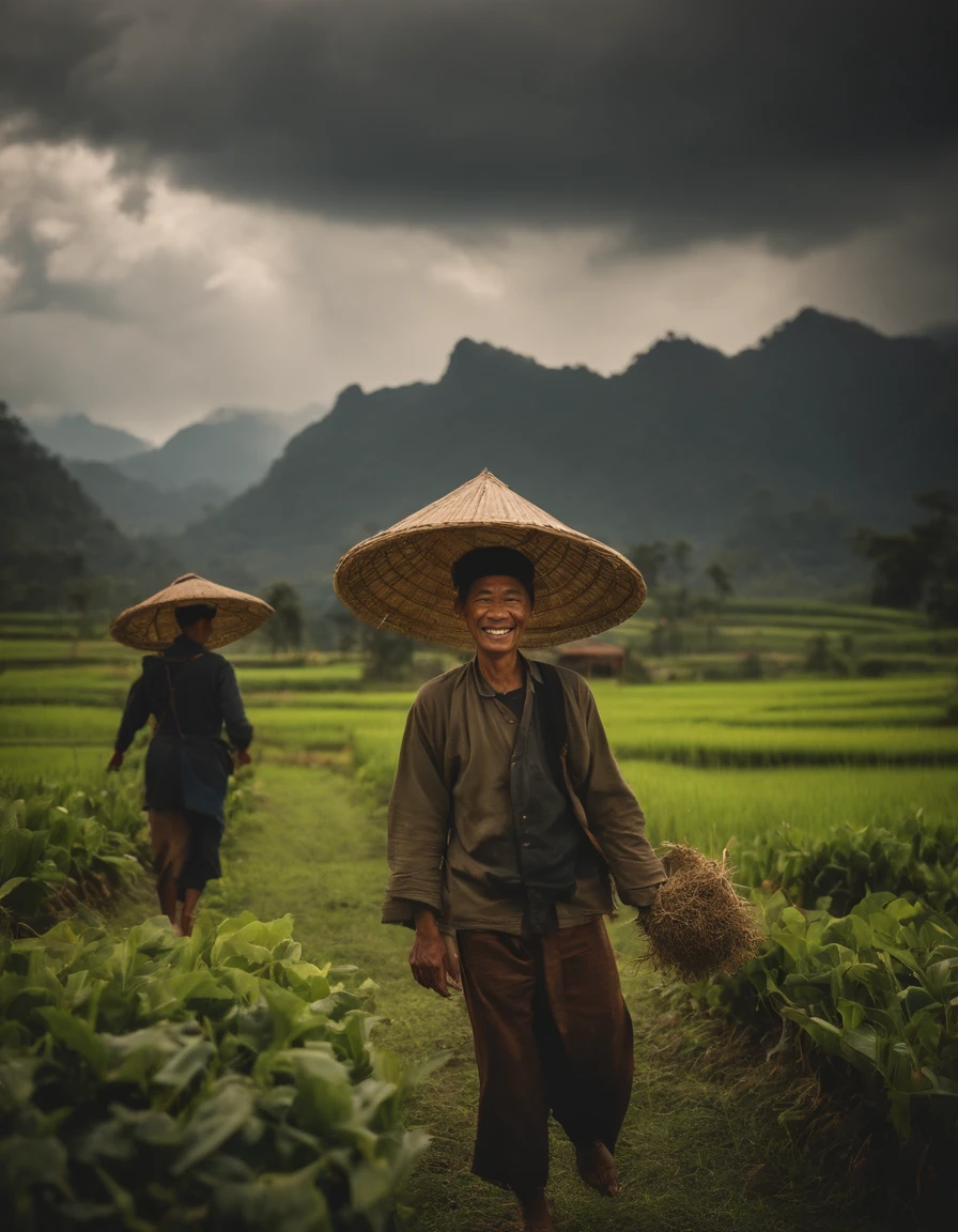 farmer in laos with a harvet season, mountain, cloudy, they happy with their simple life, some thing flying behind them, good weather and good moment, soft lightning