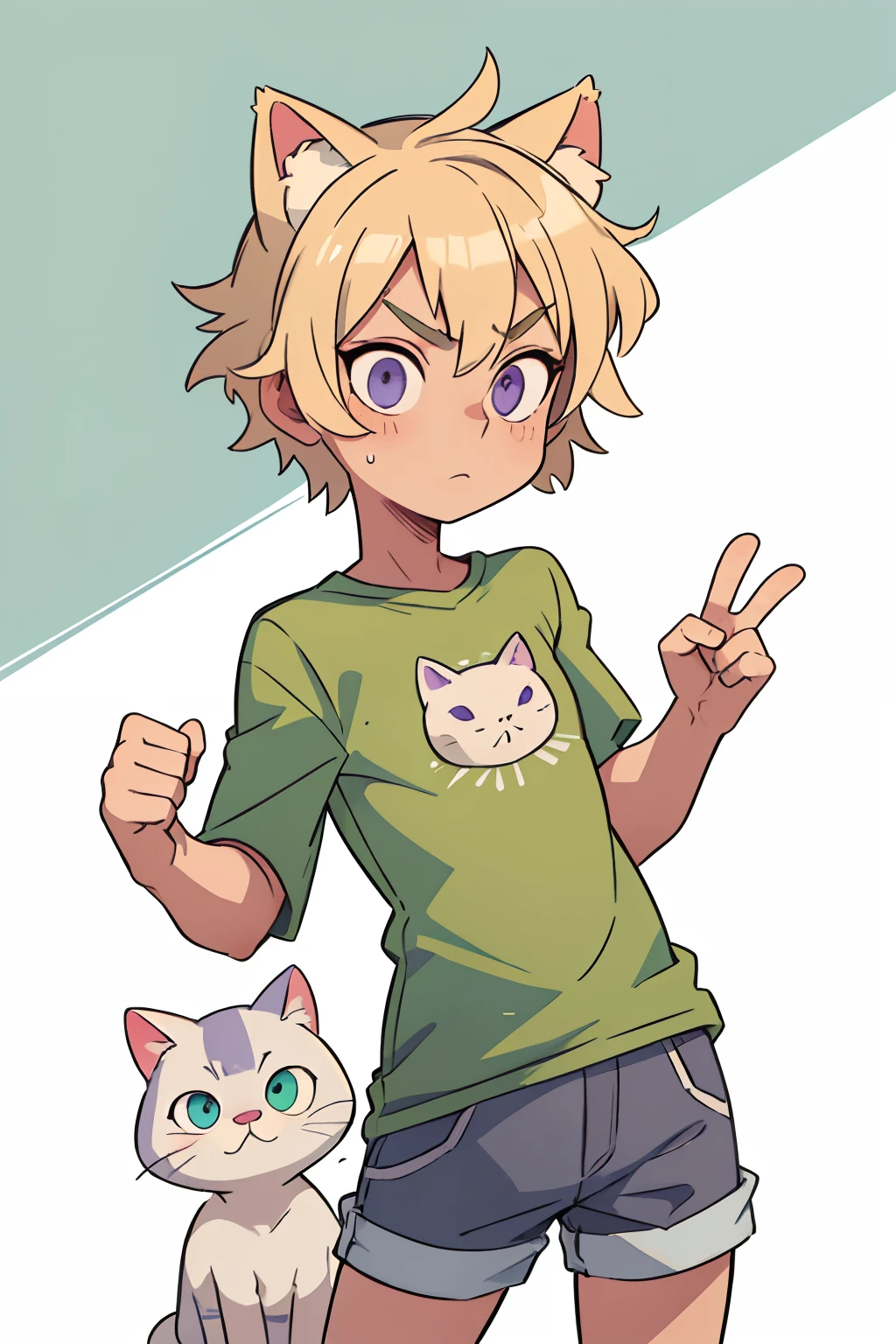 ((beste-Qualit, tmasterpiece)), Guy, Bright green t-shirt, Gray long shorts, blonde man, violet eyes, in full height, White cat ears