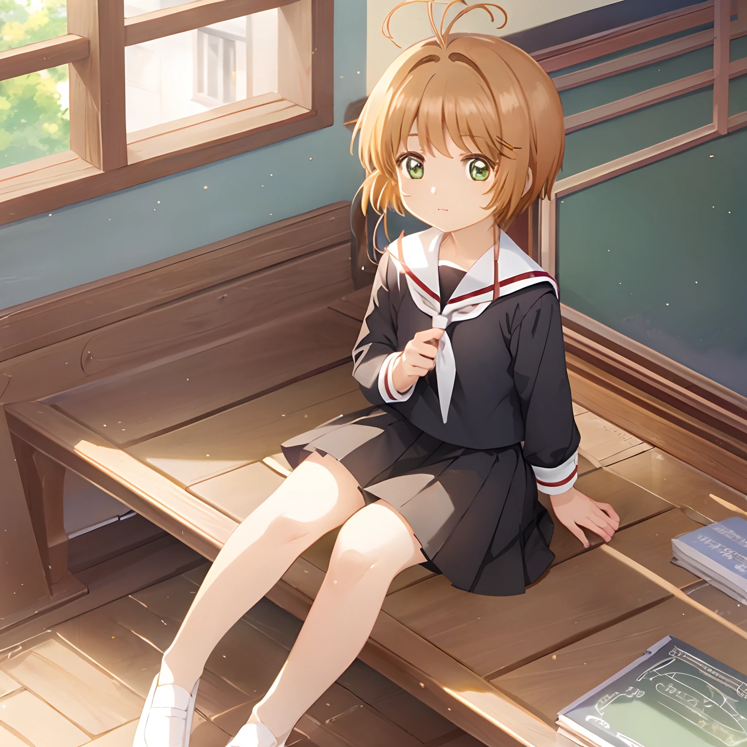 masterpiece, best quality, highres, kinomoto sakura, 1girl, brown hair, short hair, antenna hair, ahoge,school uniform,