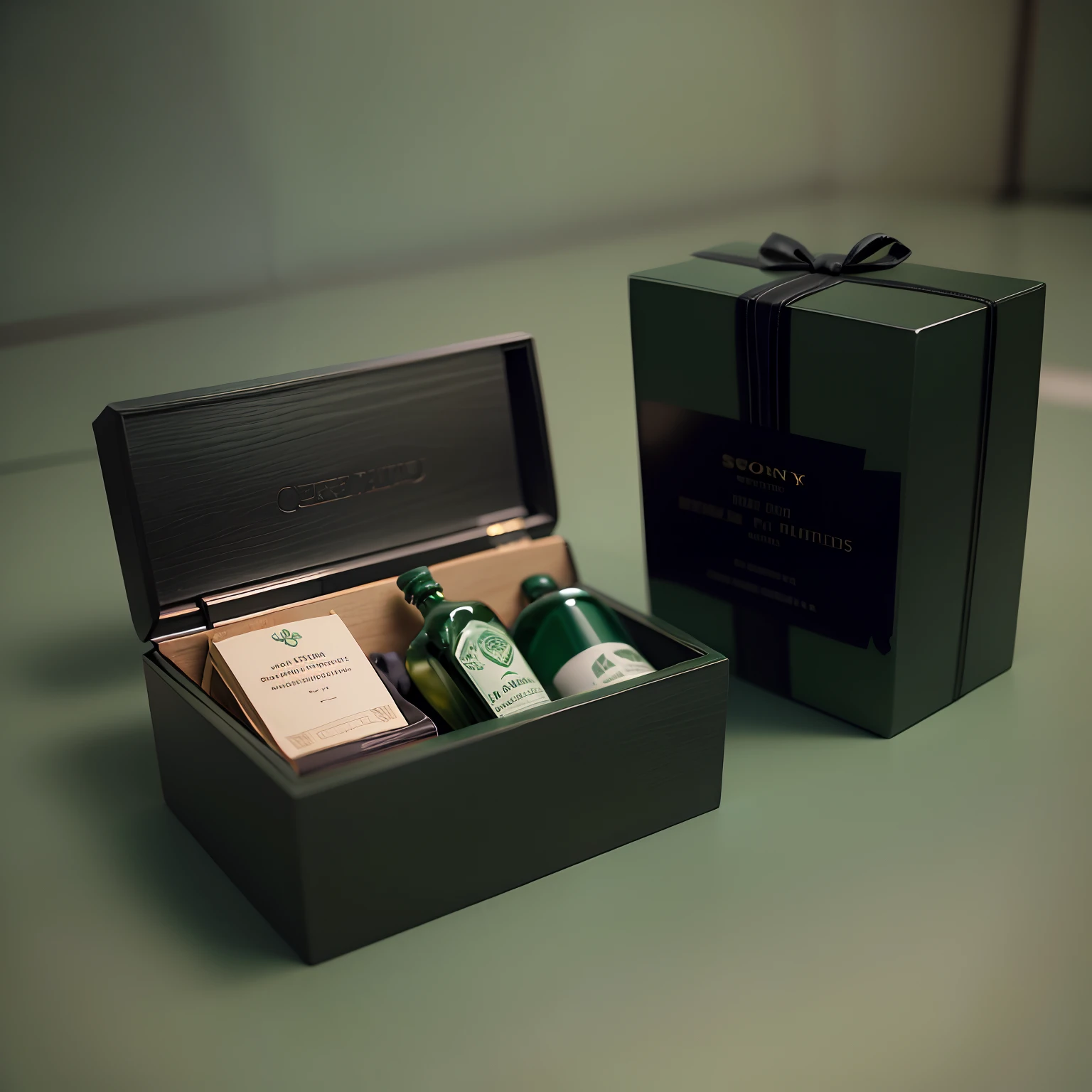 Sony FE GM, high quality,(Masterpiece, Best quality: 1.2), Liquor packaging(Dark green rectangular gift box,There is a minimalist eagle logo on the door,Matte material, Smooth black porcelain bottle,Advancedsense,Master handwriting)