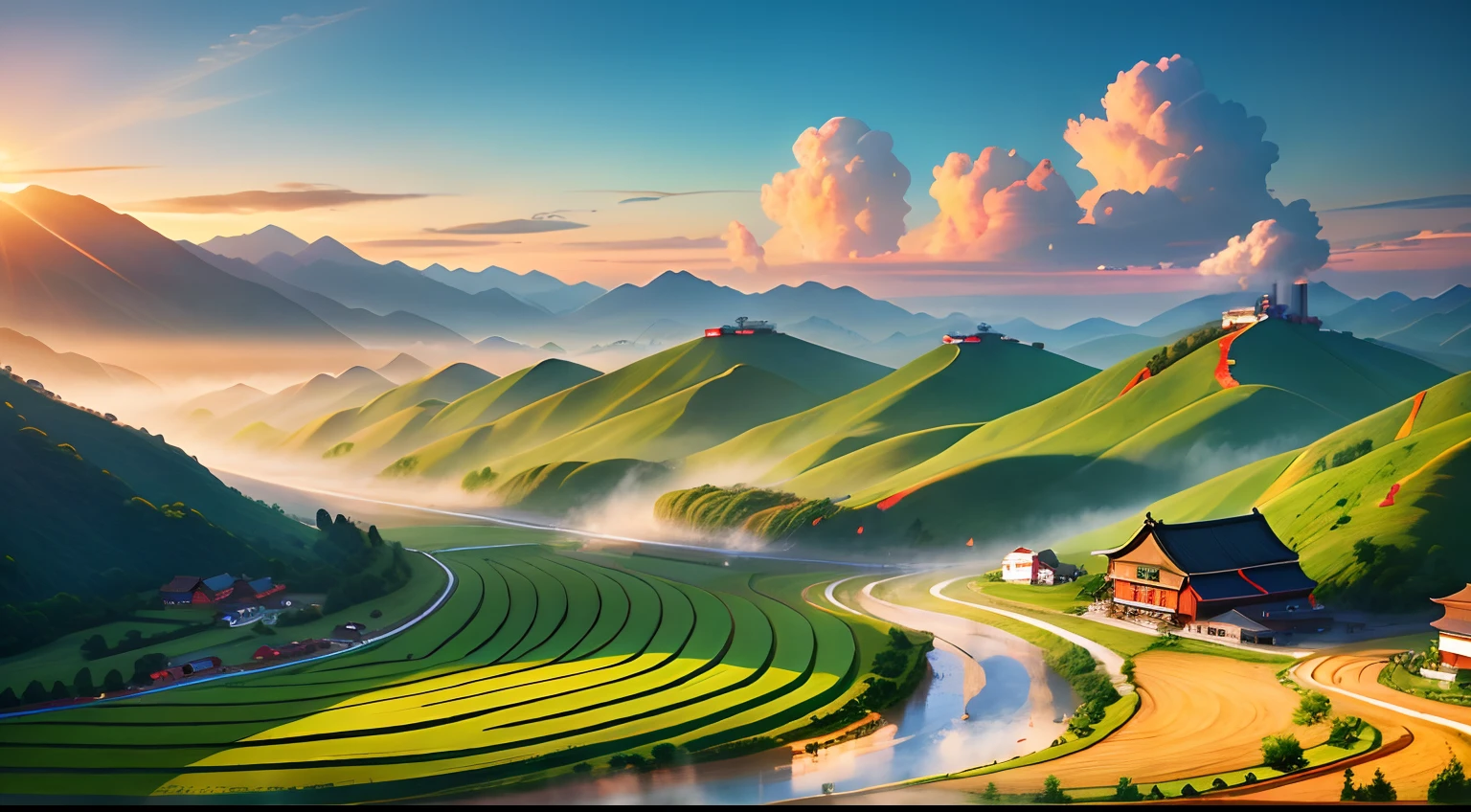 China Early morning Sunlight Small villages deep in the mountains Smoke coming from chimneys Farmland Chicken Duck Goose Cow Rural dirt road Farmland Stream River People working in the fields