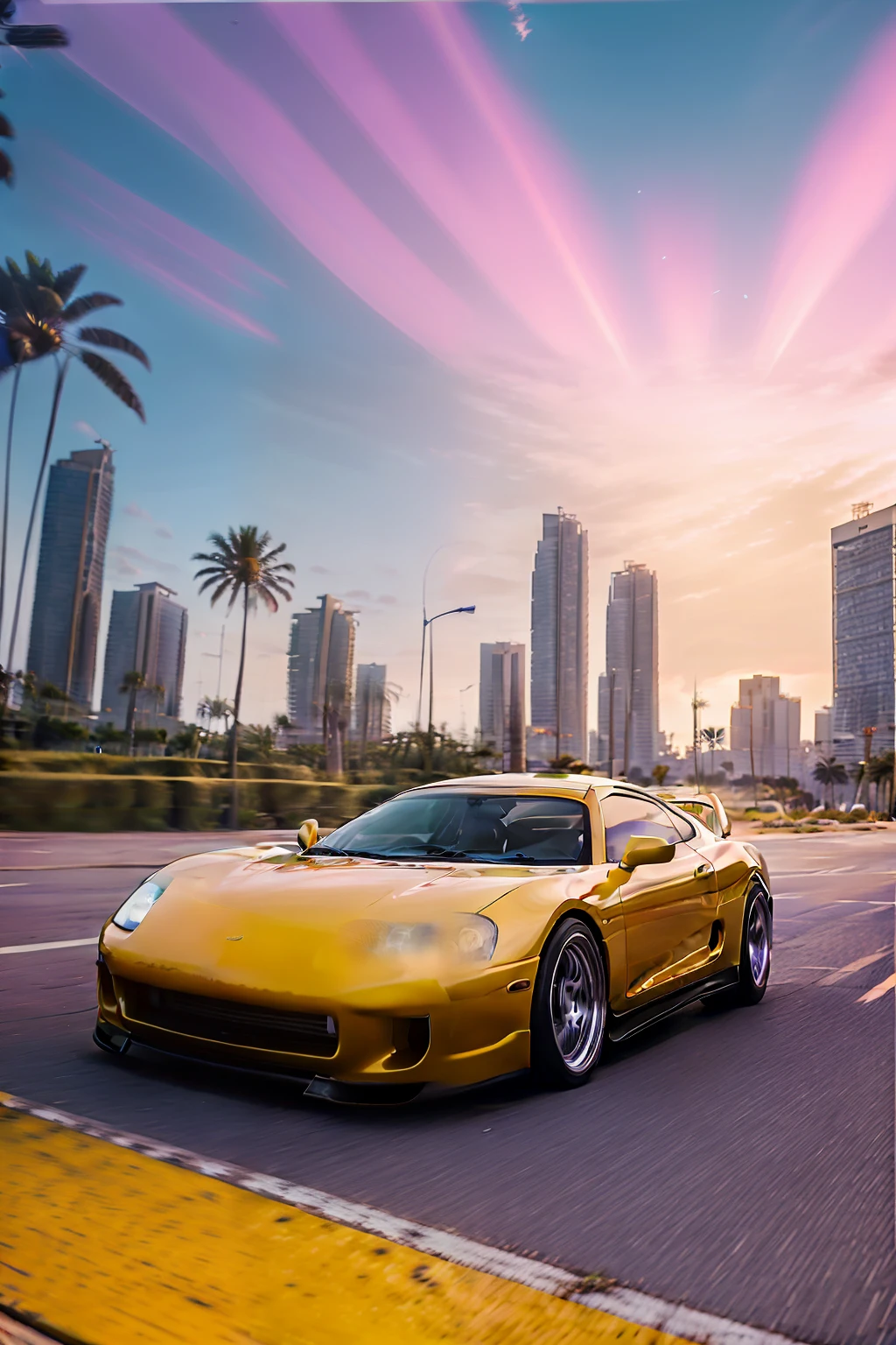 The Alafede yellow sports car drives through the city streets of palm trees, Grand Theft Auto 6, Miami Synthetic Wave, inspired by Mike Winkelmann, 8K HD wallpaper, 8 k hd wallpaper, wallpaper 4 k, Wallpaper 4k, gta 6 style, sports cars, 4K Ultra HD wallpaper, outrun style, Beyond style and color