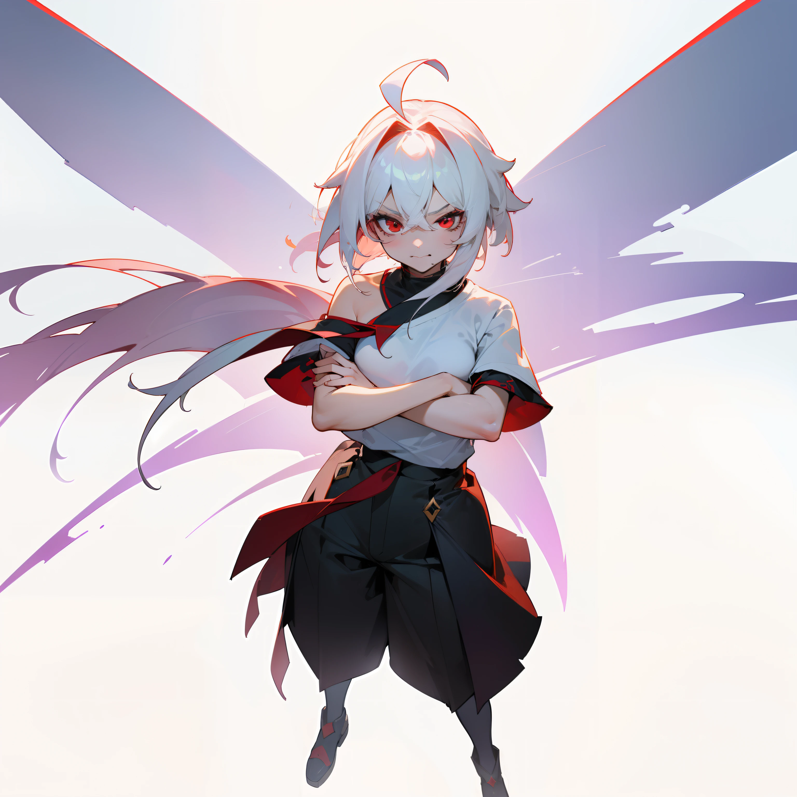 ((masterpiece)), ((high detail)), 1girl, ((ultra-detailed)),((delicate face)), Beautiful detailed eyes, gradient hair,hairs between eyes,1girl ,solo,white hair,red eyes,genshin_impact,white background, look at the camera, standing,A seductive wide smiling face,((aggressive face)),((ahoge)), character design, The front of the character, The back of the character, the sides, Crossed arms pose there are 4 image panels, full body, Pekaloons trousers, white shoulder-length t-shirt, deep red eyes,