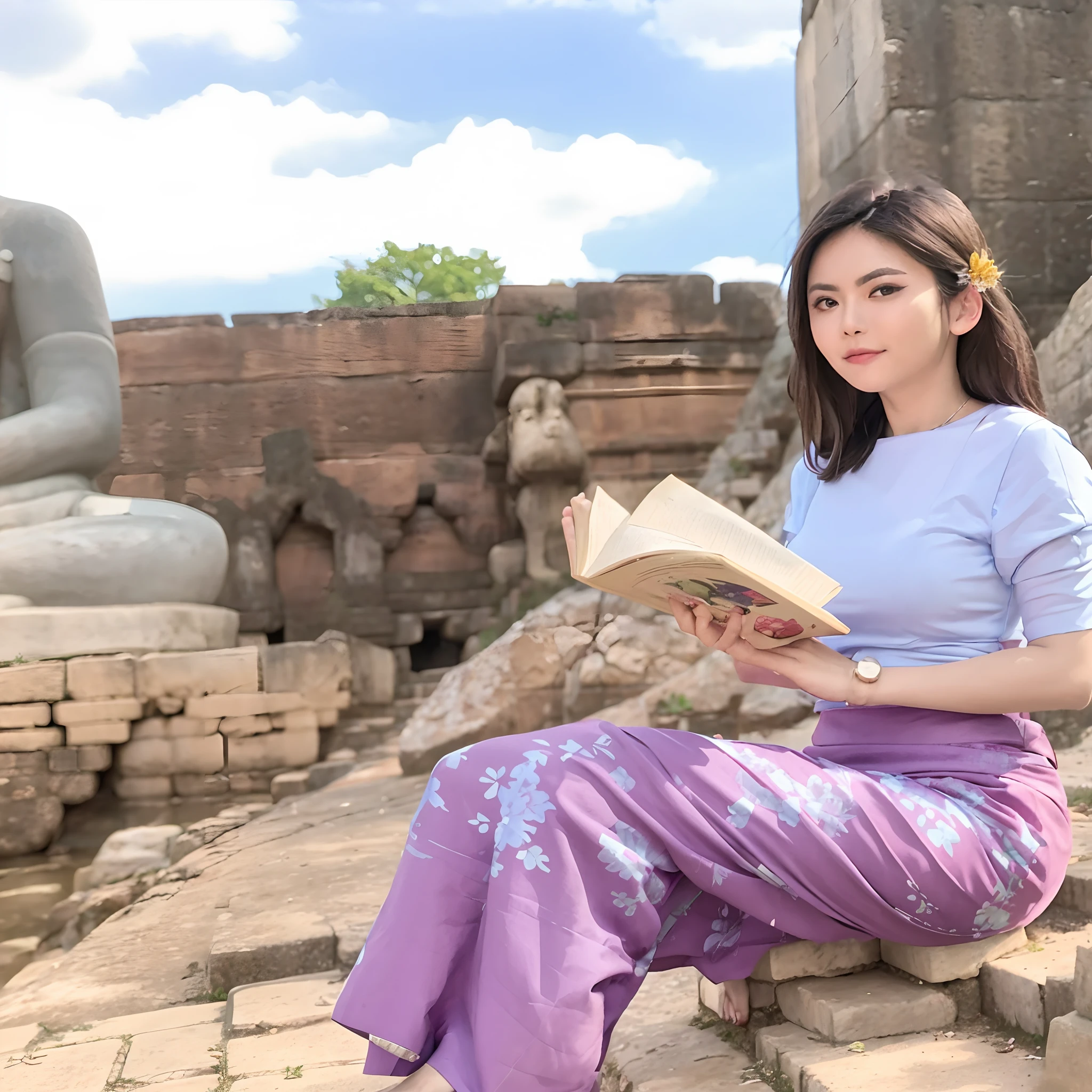 arafed woman sitting on a rock reading a book, sukhothai costume, at an ancient city, temples behind her, in front of a temple, village girl reading a book, ancient ruins behind her, anime thai girl, sitting on temple stairs, in ancient city ruins, high quality image, traditional clothes, with a castle in the background