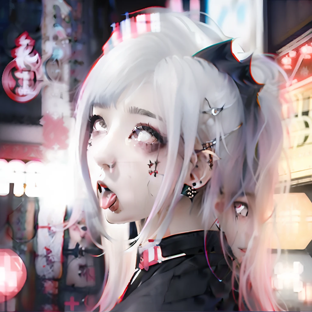 Red-haired、goth_punk, 1girl in, 独奏, medium shot, Walking in Harajuku, ((during night)), bokeh dof, Neon light, Iridescent eyes, starrysky, Red glowing hair, White eyebrows, Radiant hair, (iridescent white hair), 耳Nipple Ring, bangss, jewely, masks, bluntbangs, verd s eyes, Mouth mask, blurry backround, bblurry, hair adornments, Look at viewers, shorth hair, portraitures, side locks