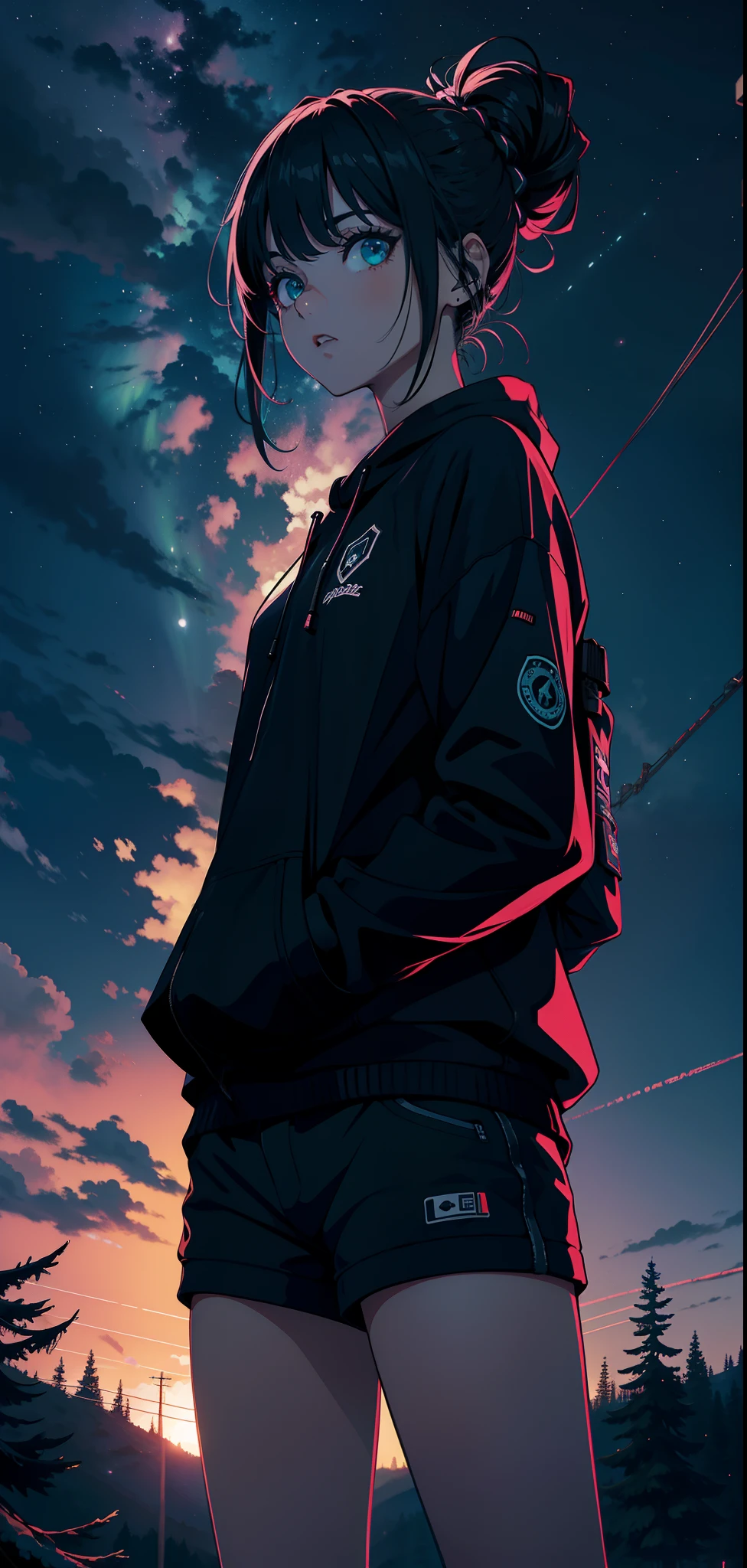 garota no campo gramado usando shorts curto preto, blusa moletom comprida e mochila cyberpunk com neon, pulseiras de neon, messy and extravagant hairstyle, olhos grandes lacrimejantes, olhando diretamente para a foto, noite, anoitecer, meia noite, midnight, escuro, horizonte estrelado, High-resolution panoramic image, beautiful sky, aurora boreal