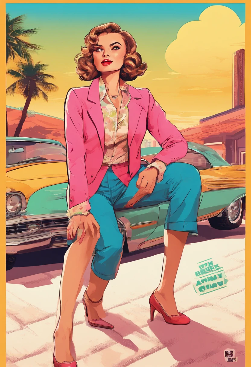 masterpiece, best picture, pop art style, pulp, break, a 22 year old woman, dressed in retro style, looking friendly at the viewer, as if inviting her to buy, polite clothes, break, plain white background, best angle, best view
