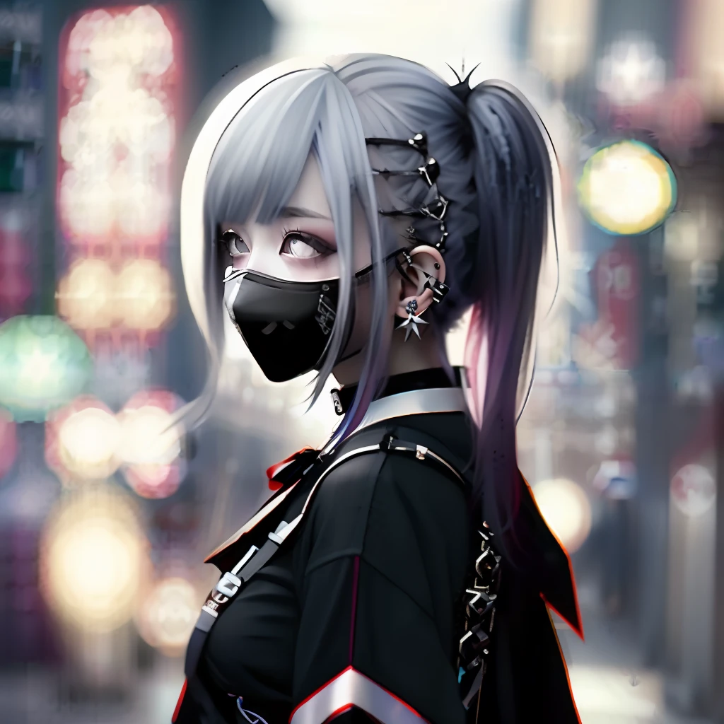 Red-haired、goth_punk, 1girl in, 独奏, medium shot, Walking in Harajuku, ((during night)), bokeh dof, Neon light, Iridescent eyes, starrysky, Red glowing hair, White eyebrows, Radiant hair, (iridescent white hair), 耳Nipple Ring, bangss, jewely, masks, bluntbangs, verd s eyes, Mouth mask, blurry backround, bblurry, hair adornments, Look at viewers, shorth hair, portraitures, side locks
