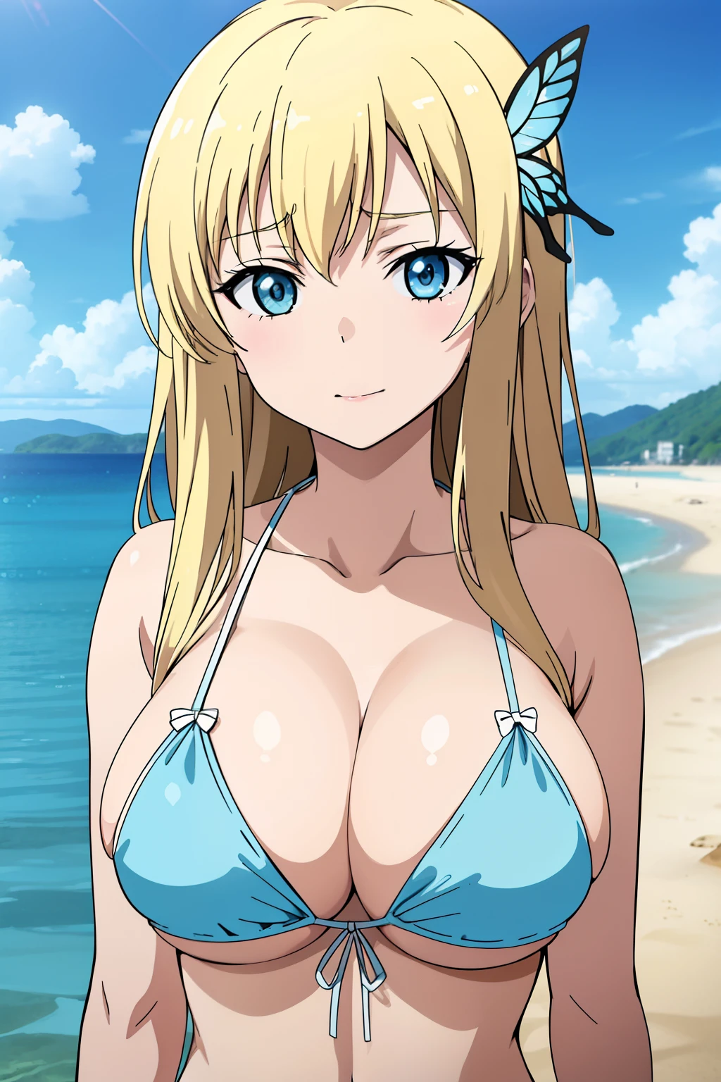 Seina Kashiwazaki, 1girl in, a blond, butterfly hair ornament, (huge breast), Light blue micro bikini, (upper body:1.5), sea side