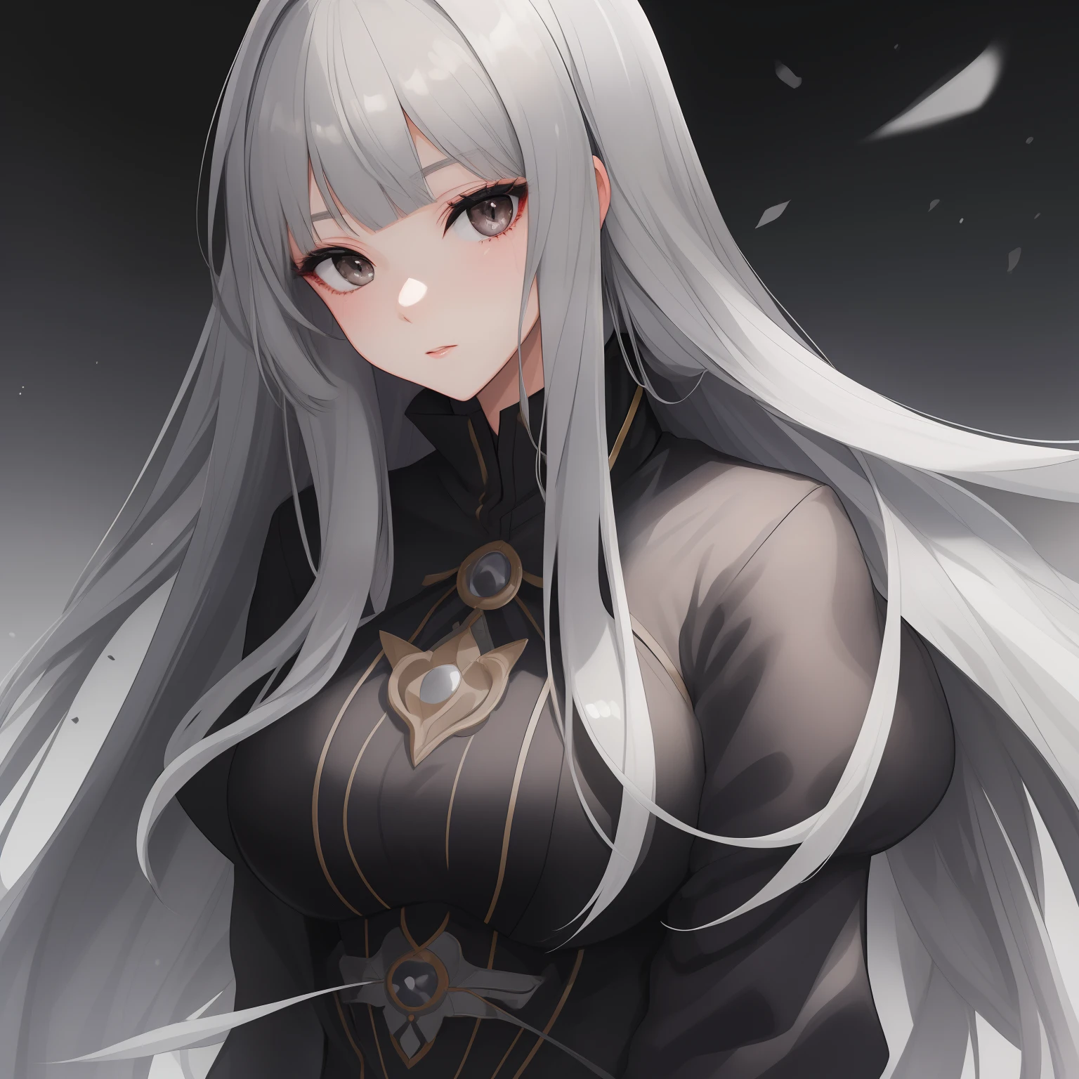 1girl, best quality, exquisite facial features, perfect face, bishoujo, ojousama, black eyes color, straight long grey hair, hime style bangs, black and grey clothes