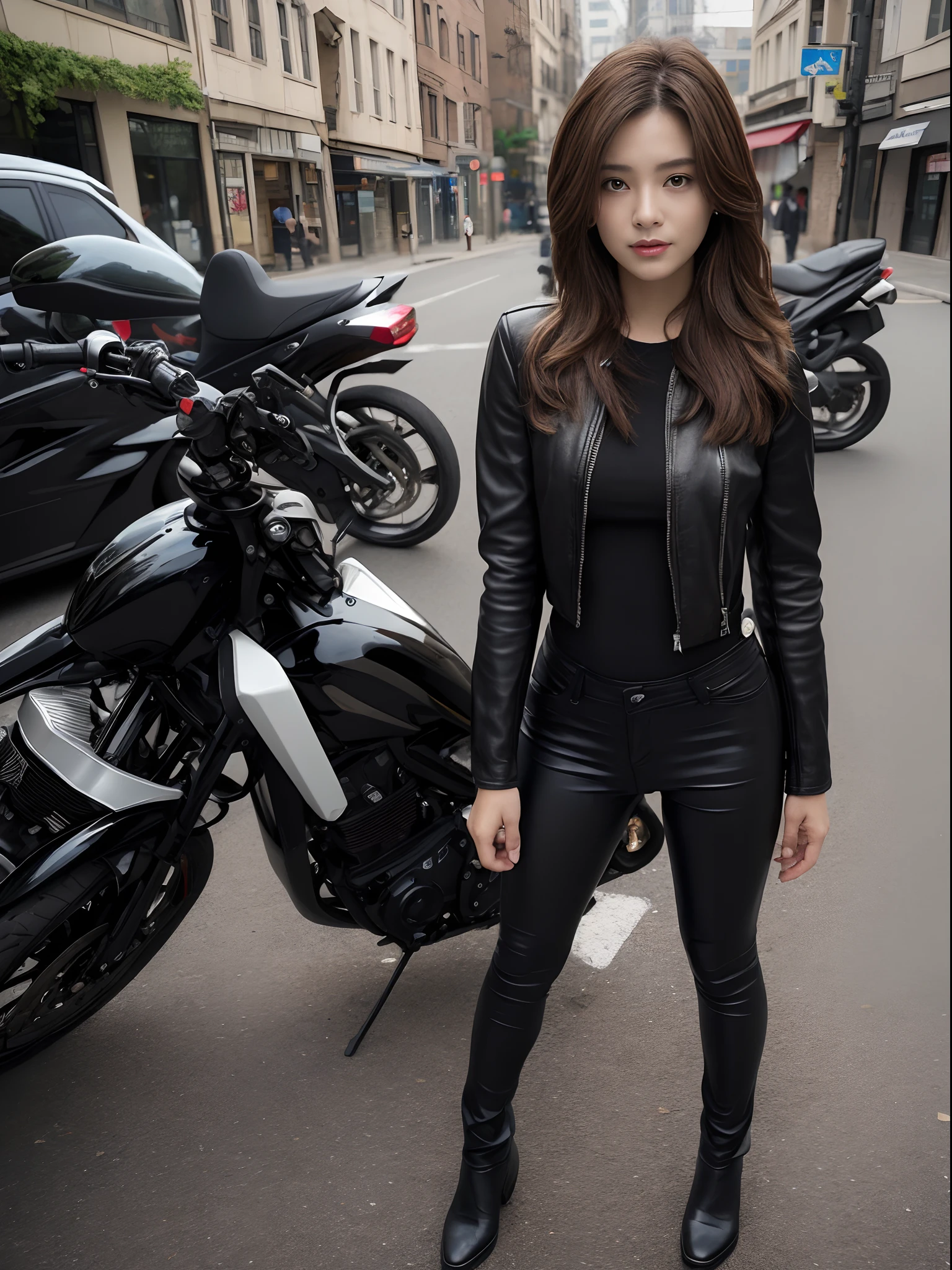 ((Midnight, Best Quality, 8K, Masterpiece: 1.3, Realistic)), Night time, Soft lighting: 1.2, Lens flare: 1.1, Full Body: 1.4, Sharp focus: 1.2 Slender abs: 1.2, ((Long layered brown hairstyle, Medium Breasts: 1.2)), (Black full leather jacket: 1.1, Black tight rider pants: 1.1, Standing in front of motorcycle: 1.2), (Outdoor, Sports bike, Empty streets background: 1.1), Highly detailed face and skin texture, detailed eyes, double eyelids, face looking at the camera, full body camera view