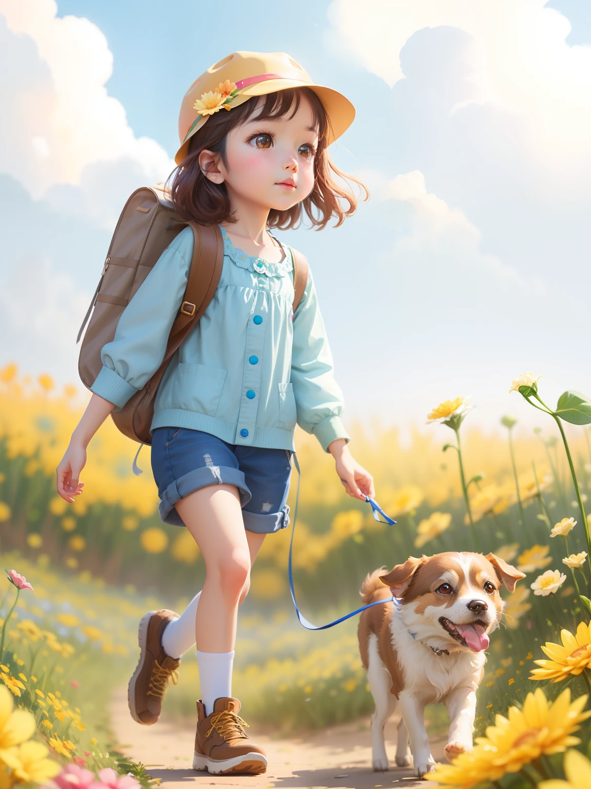 Tip: A very charming  girl with a backpack and her cute puppy enjoying a lovely spring outing surrounded by beautiful yellow flowers and nature. The illustration is a high-definition illustration in 4k resolution, featuring highly detailed facial features and cartoon-style visuals.