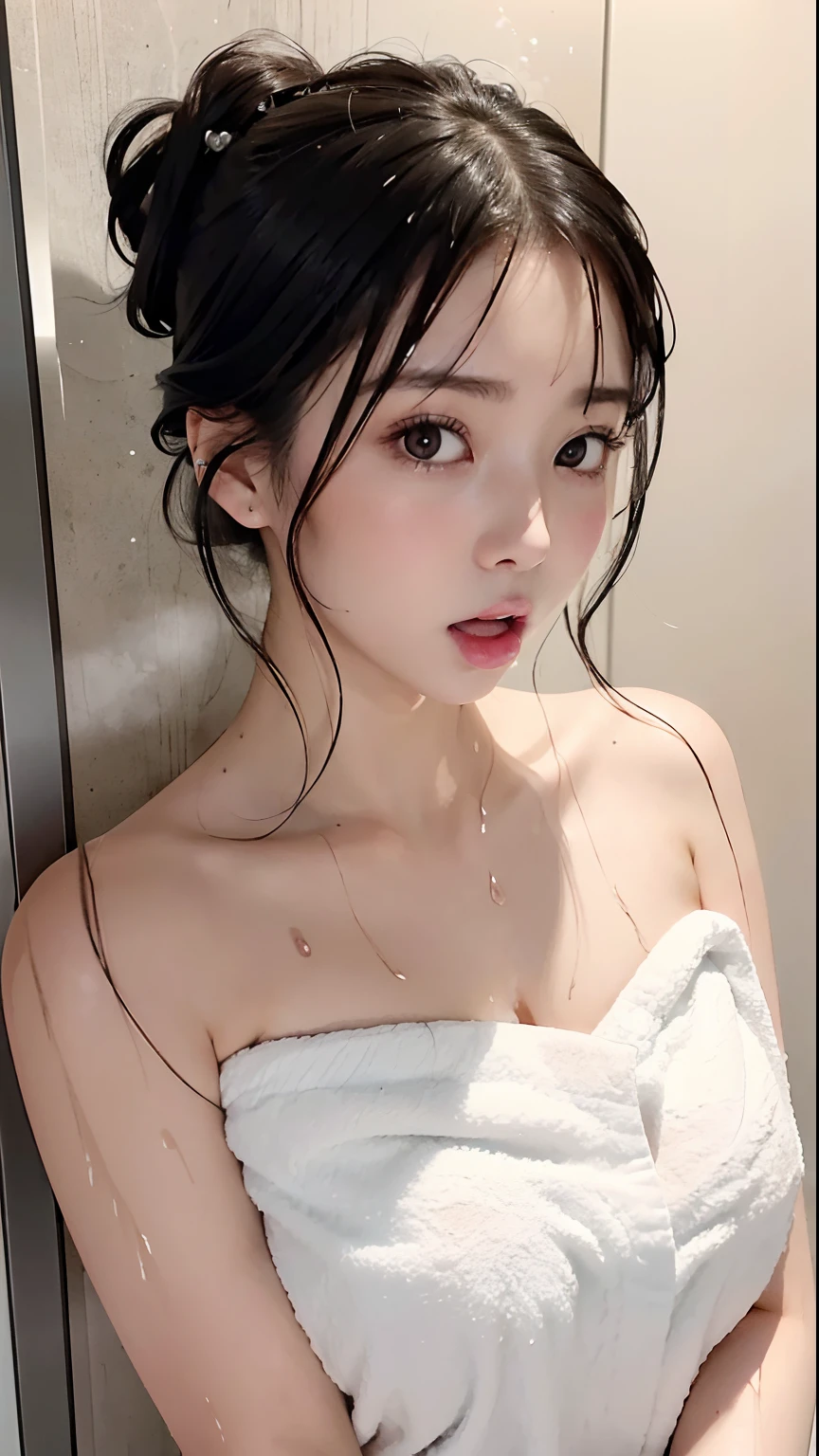 masutepiece, Best Quality, hight resolution, 1girl in, Japanese,Dark hair,half updo,(aftershower,team, wrapped in a towel is posing ,woman getting out of the shower wet and naked:1.1),(Surprised:1.6),(Open mouth:1.1),POV,Looking at Viewer,,Upper body