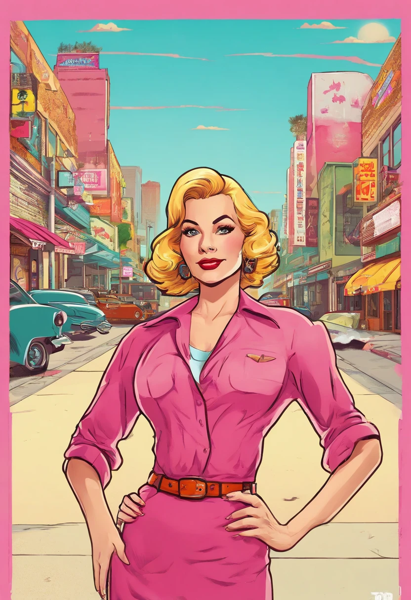 masterpiece, best picture, pop culture style, pulp, break, a 30 year old woman, dressed in retro style, looking friendly at the viewer, as if inviting her to buy, polite clothes, break, plain white background, best angle, best view