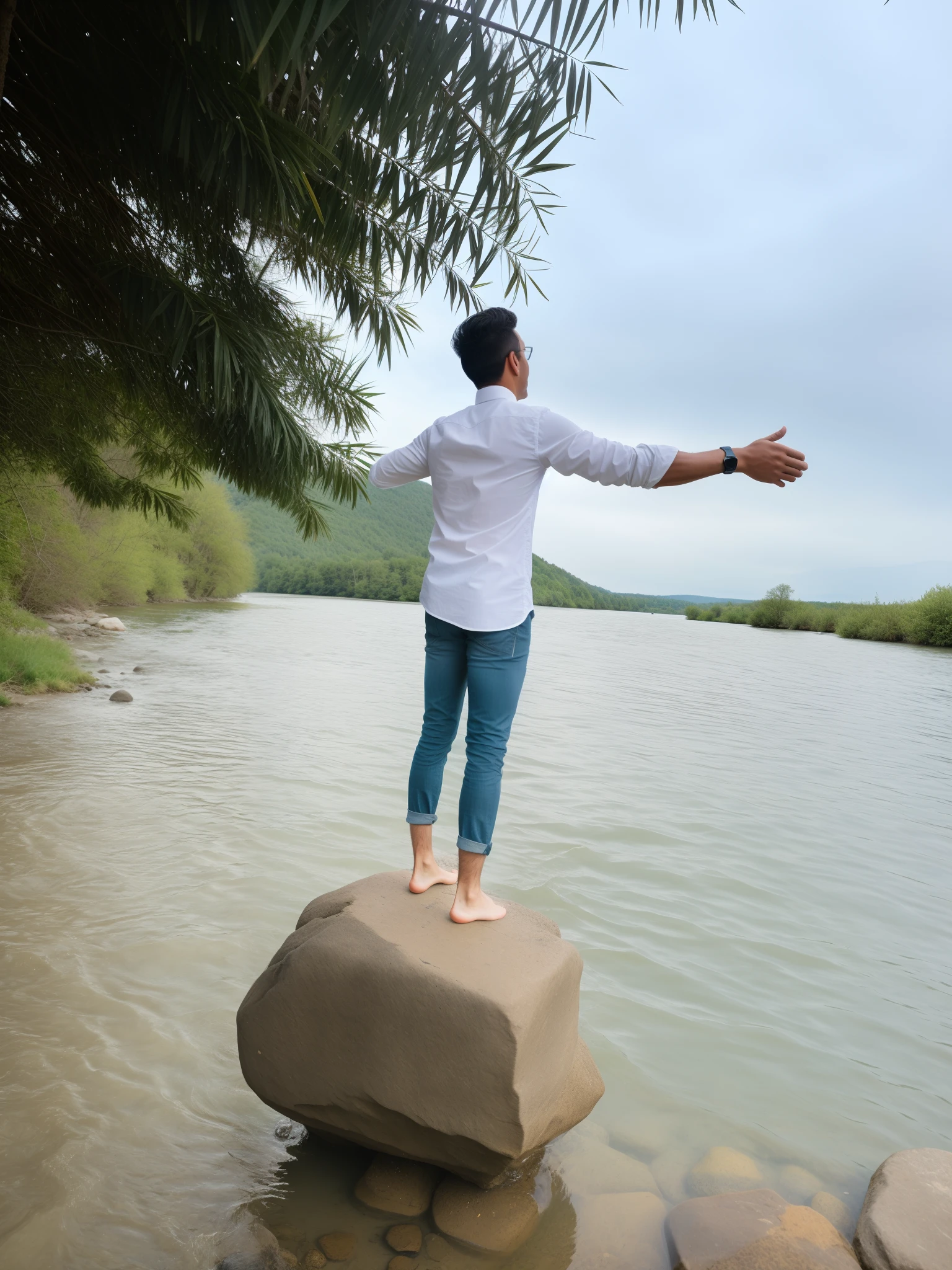 there is a man stand on a rock by the water, river in front of him, taken with sony alpha 9, shot on nikon z9, sitting near a river, photo taken with canon 5d, in a scenic background, casual photography, sitting in front of a lake, shot on canon eos r5, shot on canon eos r 5, river in the background