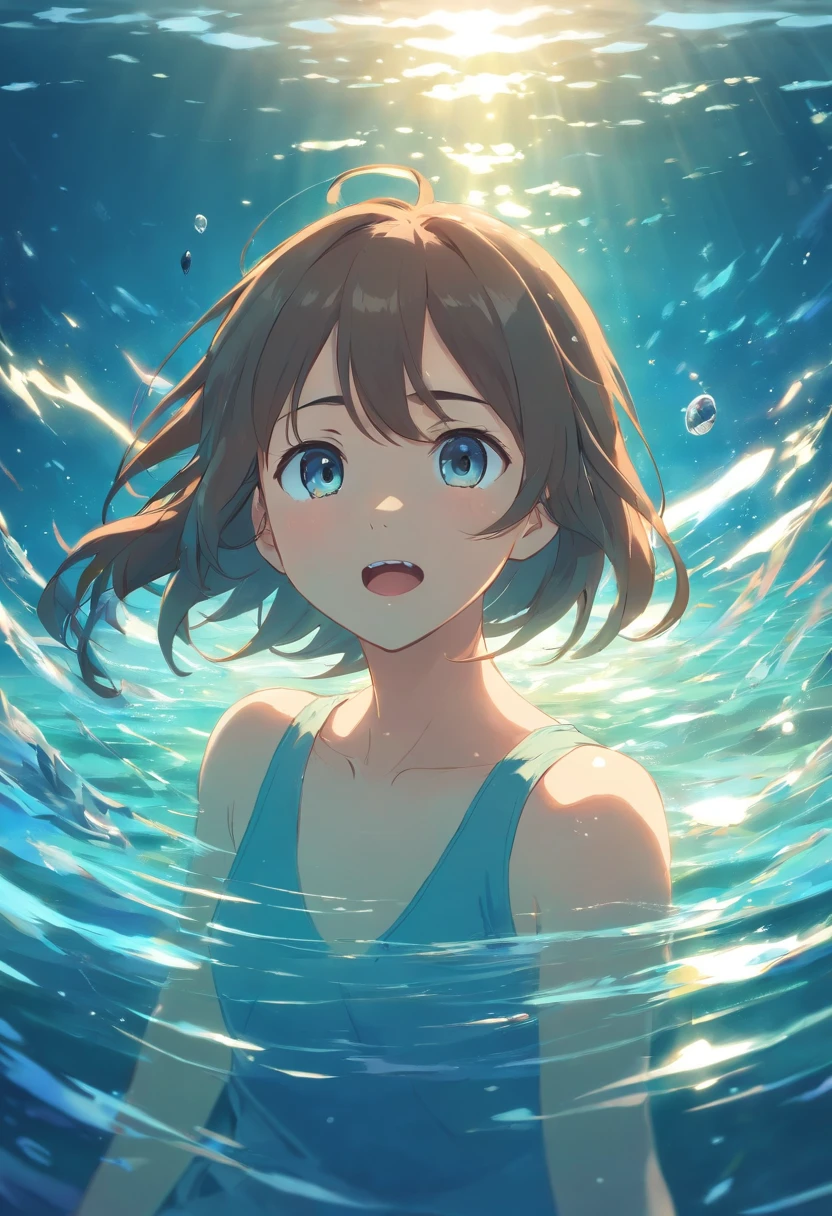 A girl in a blue dress standing in the water - SeaArt AI