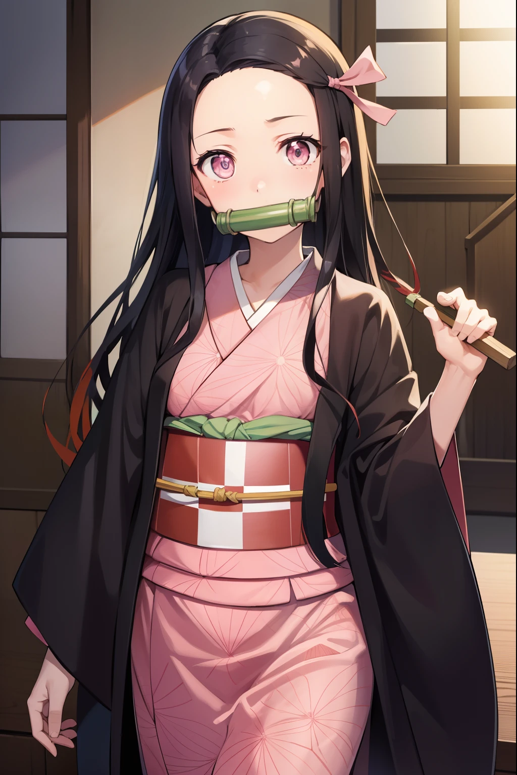 Nezu furnace, Nezuko Kamado, Bamboo, (bit gag:1.5), 1:1,Chibi,Black hair, (Forehead:1.5), gag, Gagged, Hair Ribbon, Long hair, multicolored hair, (Pink eyes:1.5), Orange hair, Slit pupils, Wavy Hair, Two-tone hair,
Break asa is not (Pattern), Checkered sash, haori, komono, Kimono, Long sleeves, Obi, Pink kimono, sash, wariza,  Wide sleeves,
BREAK looking at viewer,
Break indoors,
BREAK (masutepiece:1.2), Best Quality, High resolution, Unity 8k壁纸, (Illustration:0.8), (Beautiful detailed eyes:1.6), extra detailed face, Perfect Lighting, extremely details CG, (Perfect hands, Perfect Anatomy),