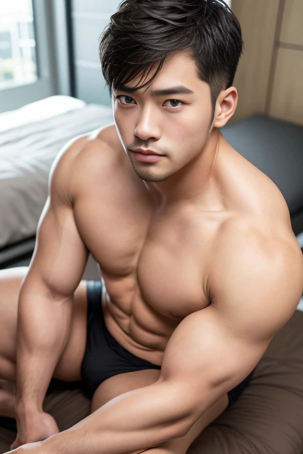 top-quality、masterpiece、超A high resolution、(realisitic:1.4)、详细的脸、独奏、1human male、The upper part of the body、Dark hair、glistning skin、dense skin、(asian human)、architectural、(absurderes、hight resolution、ultra-detailliert)、、1 male、Adults、(20-year-old man)、a handsome、tall muscular man、broad shoulder、extra very short hair、angular jaws、thick neck、thick eyebrow、extra very short hair、A dark-haired、fine eyes and detailed face、 Highly detailed CG Unity 8K wallpapers、intricate-detail、(Style Swirl Magic:0.7)、looking at the spectator、独奏、(full body Esbian:0.6)、细致背景、A detailed face、dynamicposes、、Urban background、dynamic compositions、 big muscle、、((Crotch bulge))、a handsome、 ((masutepiece:1.4, Best Quality)), ((masutepiece, Best Quality)), (photographrealistic:1.4)、sprawl、From above、Outstretched arms、irate、a bed、Rough breath、Sexual facial expressions、Lying down、male people、japanese male、On the screen of the smartphone camera app frame、((((Asian Men))))