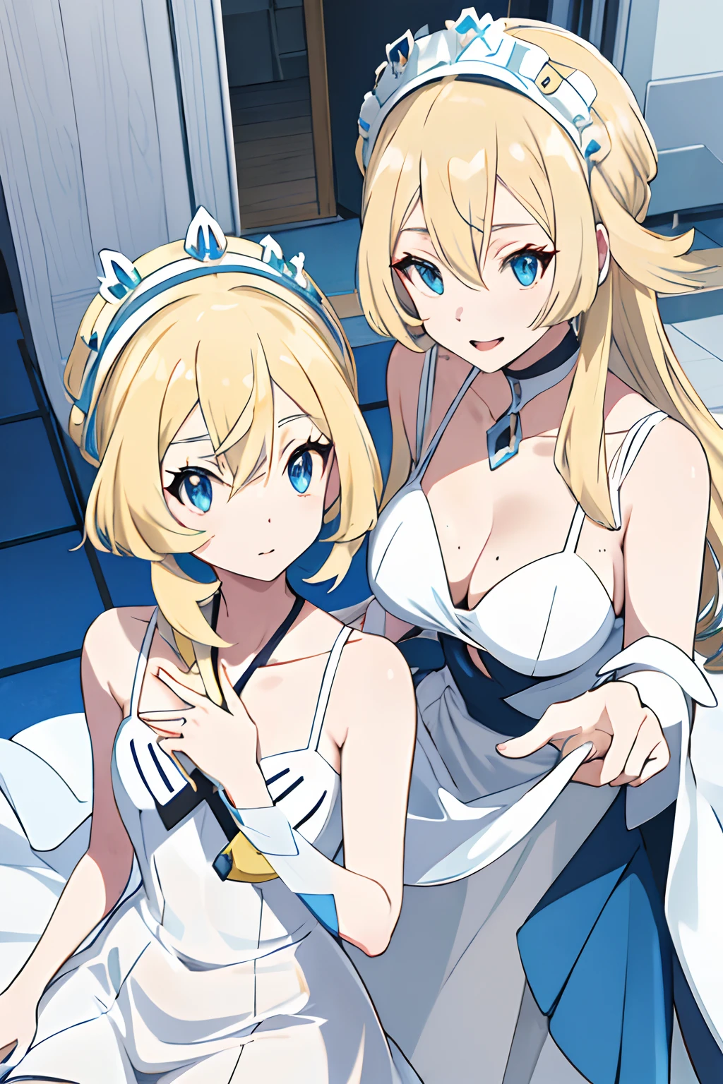 (masuter piece,Best Quality,Ultra-detailed), (A detailed face),Liliye,A pokémon,a blond,blue eyes,Beautiful blonde,White dress,flat-chest,magazine title