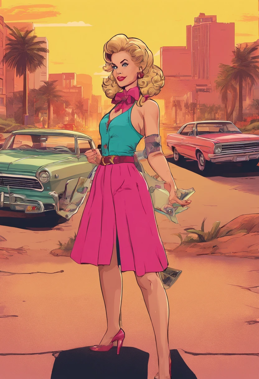 masterpiece, best picture, pop culture style, pulp, break, a 30 year old woman, standing, wearing casual dress, in retro style, looking friendly at the viewer, her two hande eksplained as if inviting her to buy, polite clothes, break, plain white background, best angle, best view