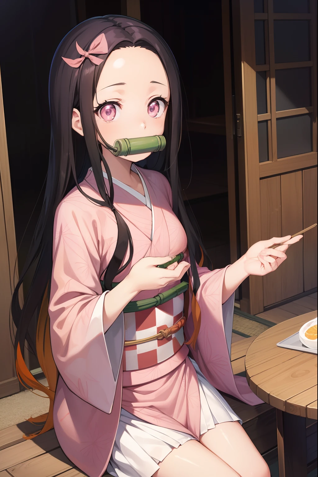 Nezu furnace, Nezuko Kamado, Bamboo, (bit gag:1.5), 1:1,Chibi,Black hair, (Forehead:1.5), gag, Gagged, Hair Ribbon, Long hair, multicolored hair, (Pink eyes:1.5), Orange hair, Slit pupils, Wavy Hair, Two-tone hair,
Break asa is not (Pattern), Checkered sash, haori, komono, Kimono, Long sleeves, Obi, Pink kimono, sash, wariza, Wide sleeves,
BREAK looking at viewer,
Break indoors,
BREAK (masutepiece:1.2), Best Quality, High resolution, Unity 8k壁纸, (Illustration:0.8), (Beautiful detailed eyes:1.6), extra detailed face, Perfect Lighting, extremely details CG, (Perfect hands, Perfect Anatomy),