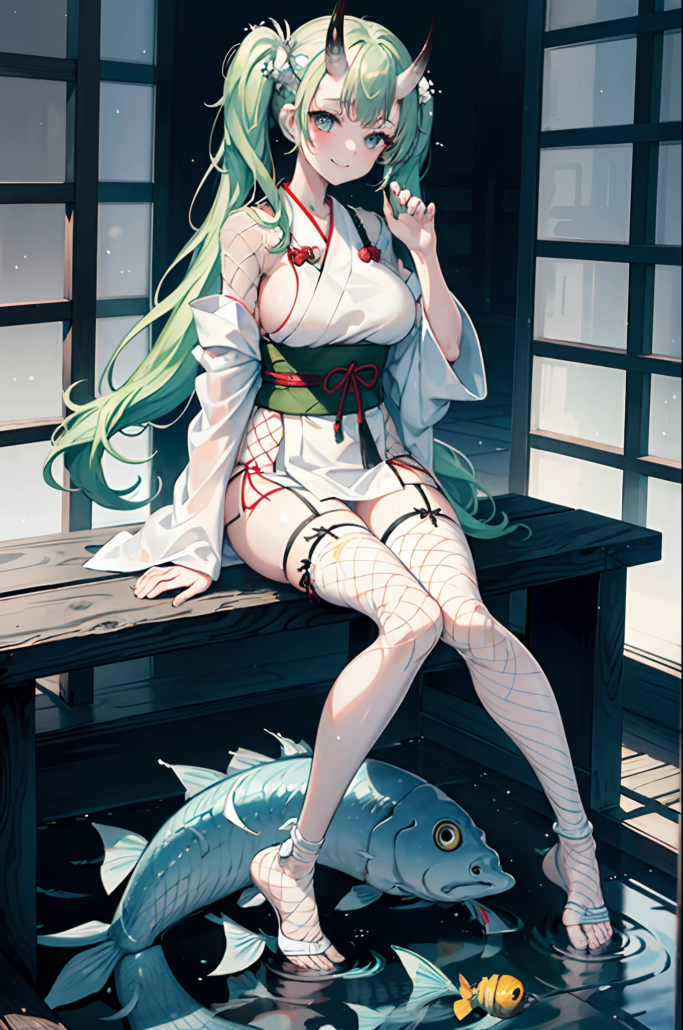1 girl, solo, twintails, very long hair, 30yo, bright green hair, grey eyes, wearing an oversized japanese yukata, large breasts, bare shoulders, navel, exposed belly, smiling, enchanting girl, (leg_fishnet:1.4), oni horns, holding japanese pipe, (wet_clothes:1.2), sitting, chair, pond, wet pavement, fumes_magic, perfect ???????
