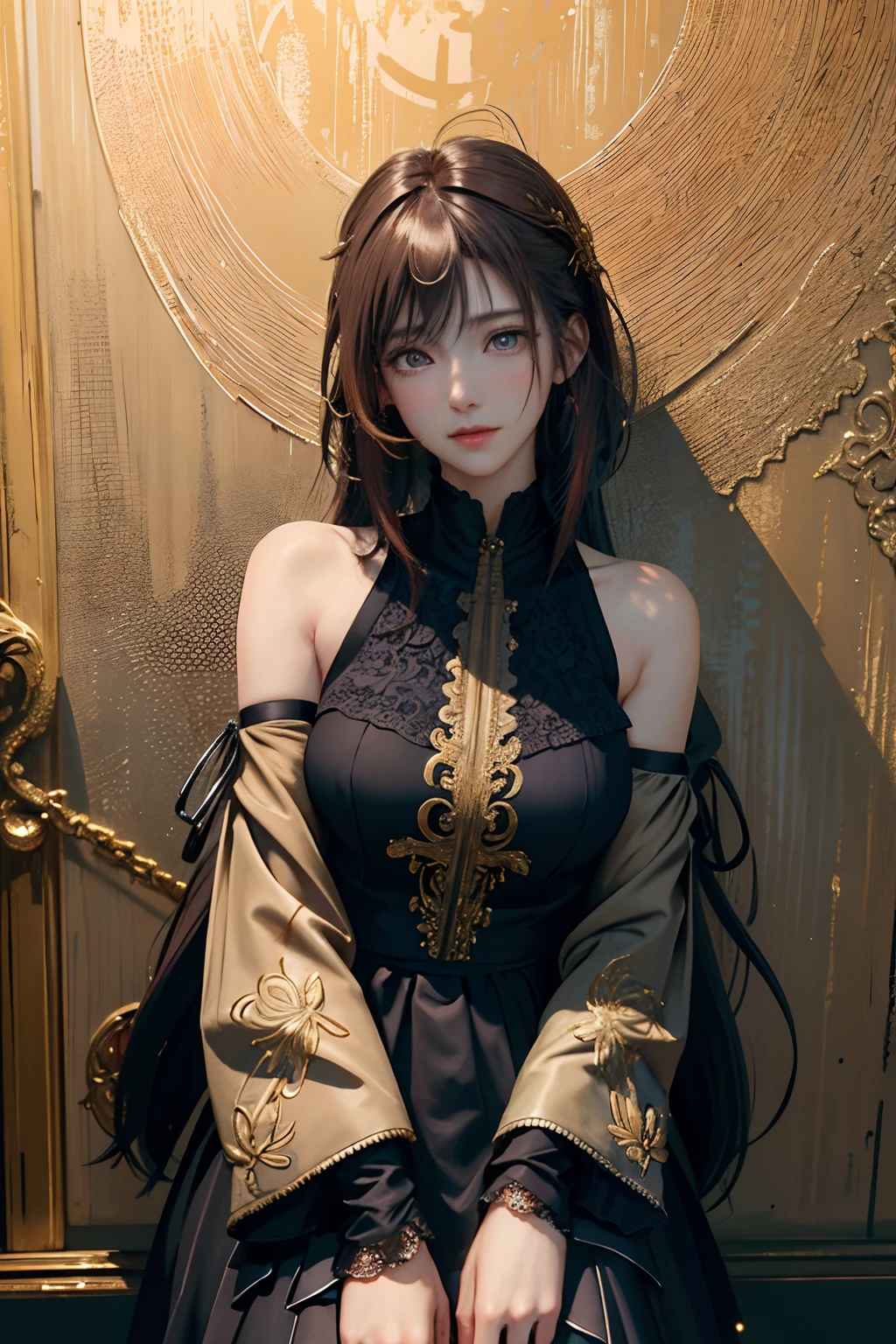 (masterpiece、top-quality、top-quality、Official art、Beautifully Aesthetic:1.2)、(1girl in)、Extreme details、colourfull、highestdetailed、Official art、Unity 8k壁纸、ultra-detailliert、Beautifully Aesthetic、Beautiful fece、masterpiece、top-quality、(Zentangle、a Mandala、Tangles、Entanglement)、Holy Light、gold foil、Gold leaf art、glitter drawing、PerfectNwsjMajmagic、Medium bob、