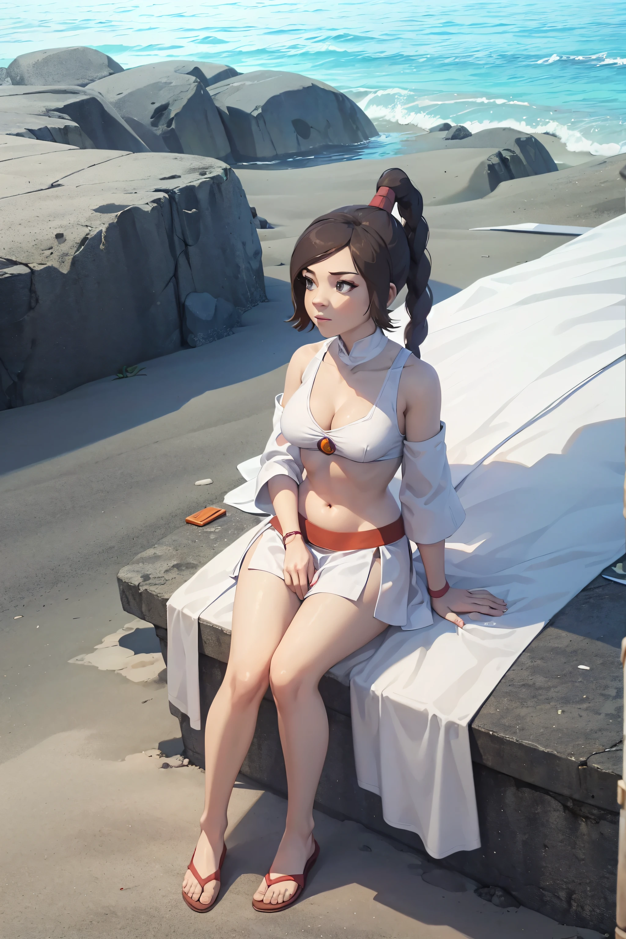 tylee, 1girl, white clothes, full body, sitting, navel, belly, drawing, 2d, cute, cleavage, legs, skinny, sexy, beach, looking away, dutch shot from above