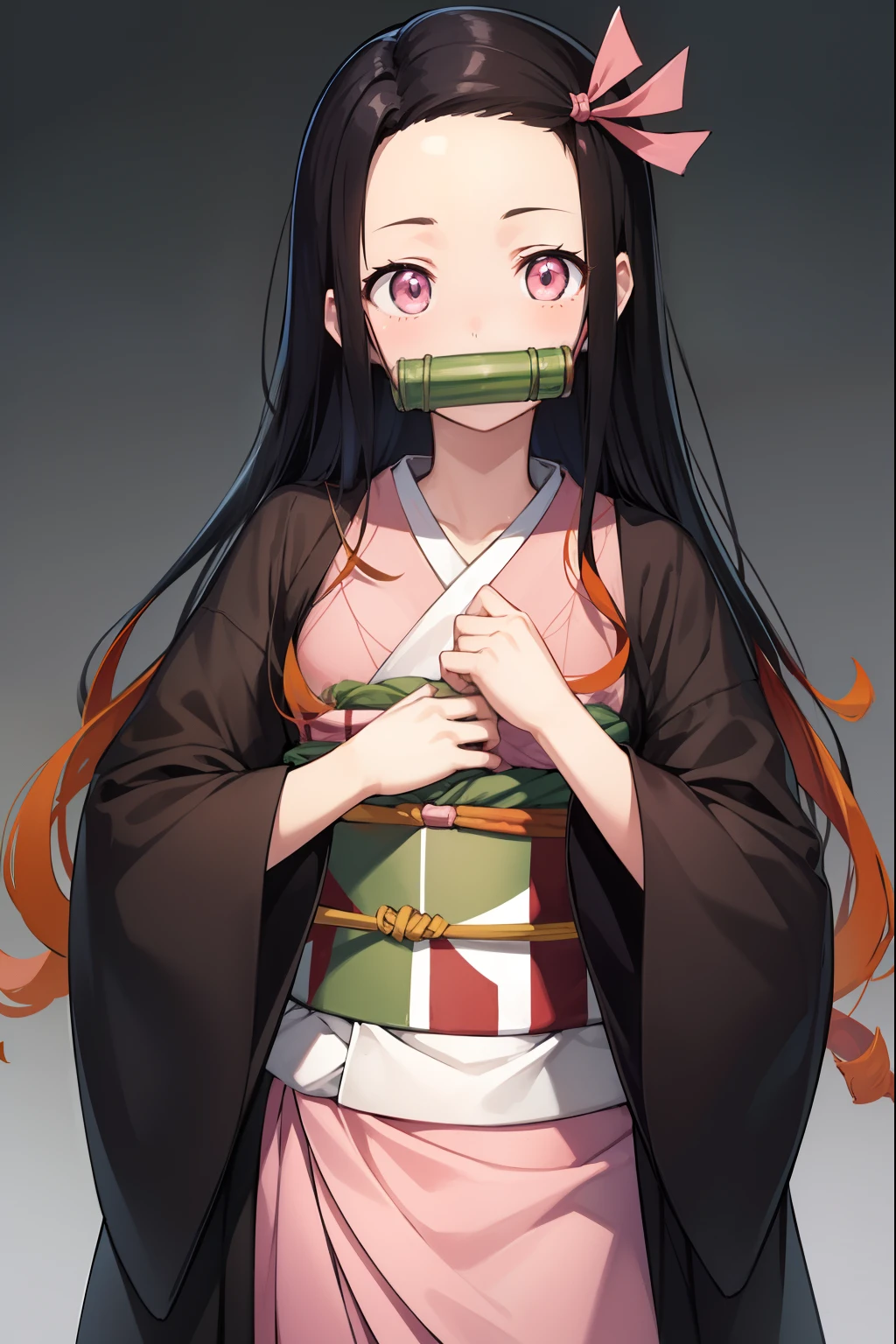 Nezu furnace, Nezuko Kamado, Bamboo, (bit gag:1.5), 1:1,Chibi,Black hair, (Forehead:1.5), gag, Gagged, Hair Ribbon, Long hair, multicolored hair, (Pink eyes:1.5), Orange hair, Slit pupils, Wavy Hair, Two-tone hair,
Break asa is not (Pattern), Checkered sash, haori, komono, Kimono, Long sleeves, Obi, Pink kimono, sash, wariza, Wide sleeves,
BREAK looking at viewer,
Break indoors,
BREAK (masutepiece:1.2), Best Quality, High resolution, Unity 8k壁纸, (Illustration:0.8), (Beautiful detailed eyes:1.6), extra detailed face, Perfect Lighting, extremely details CG, (Perfect hands, Perfect Anatomy),