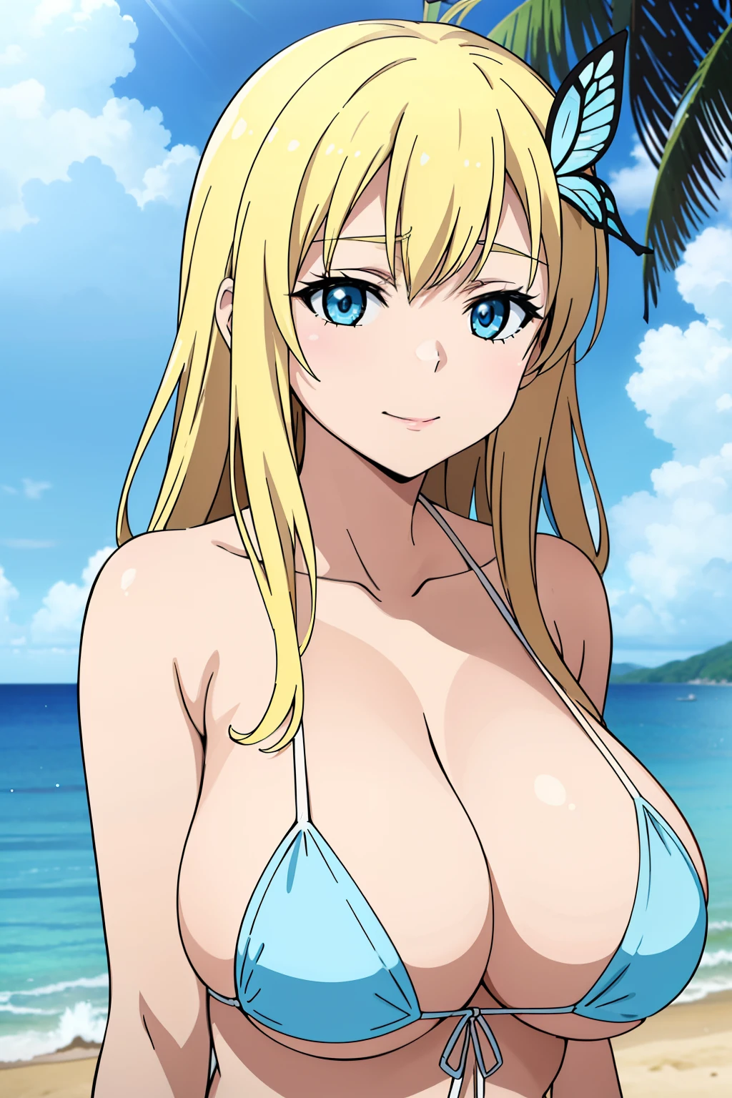 Seina Kashiwazaki, 1girl in, a blond, butterfly hair ornament, soft smile, (huge breast), Light blue micro bikini, (upper body:1.5), sand beach