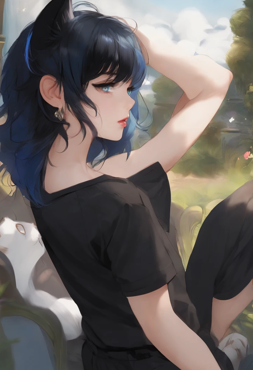 black hair, blue cat's eyes, Fury Cat, black t-shirt, Short black shorts, white strands on the hair, An insecure face