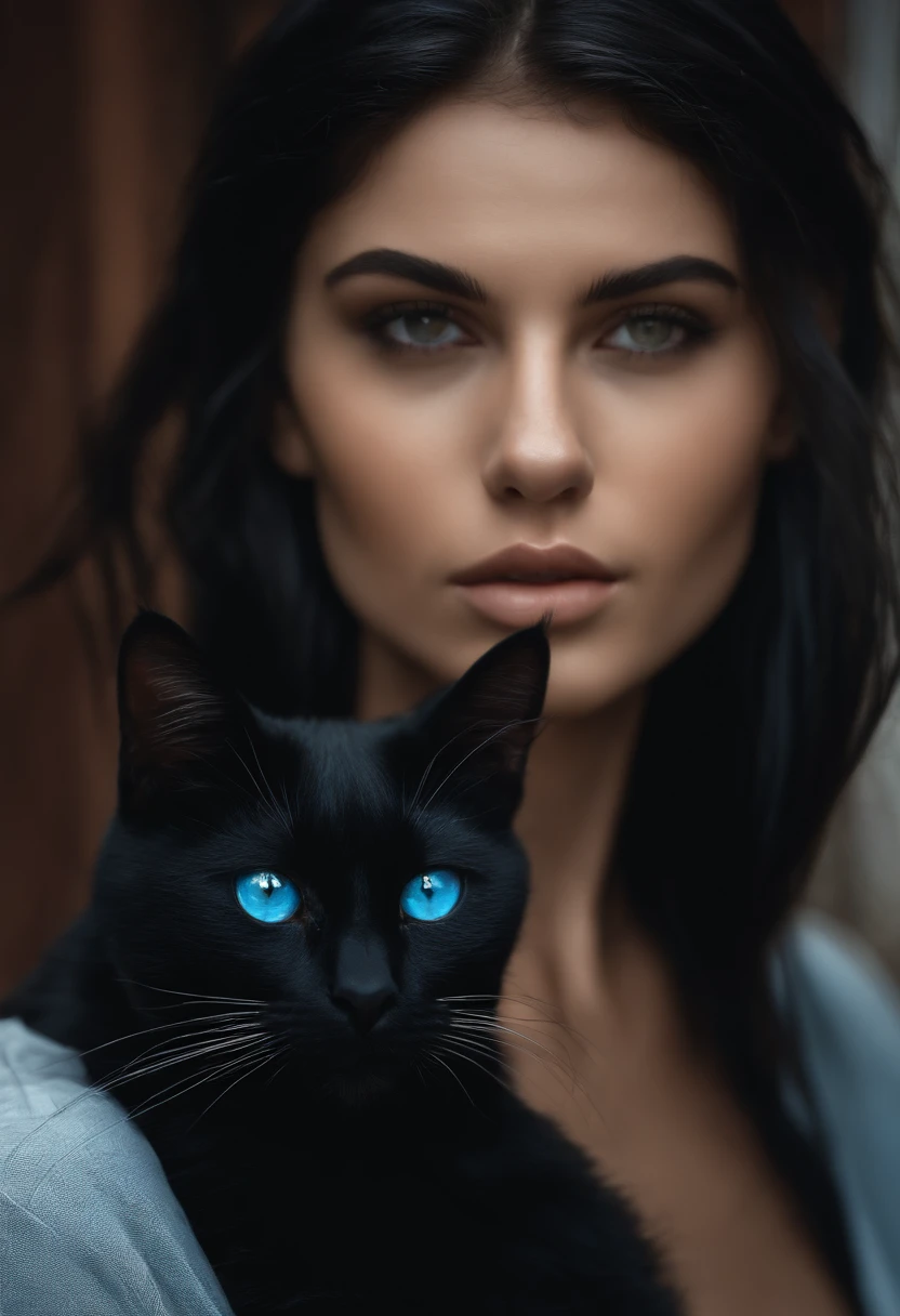black hair, blue cat's eyes, Fury Cat, black t-shirt, Short black shorts, white strands on the hair, An insecure face