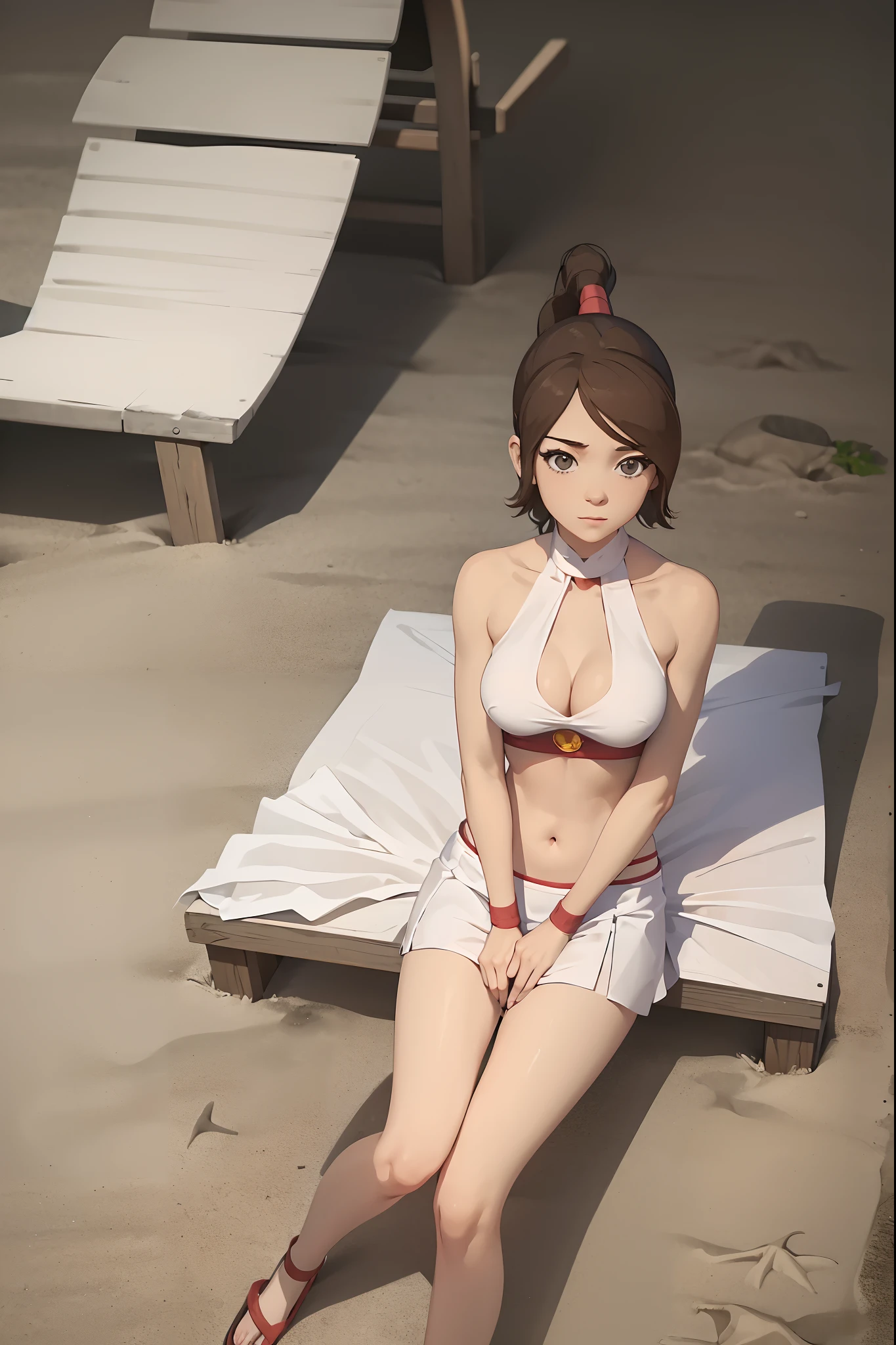 tylee, 1girl, white clothes, full body, sitting, navel, belly, drawing, 2d, cute, cleavage, legs, skinny, sexy, beach, looking away, dutch shot from above