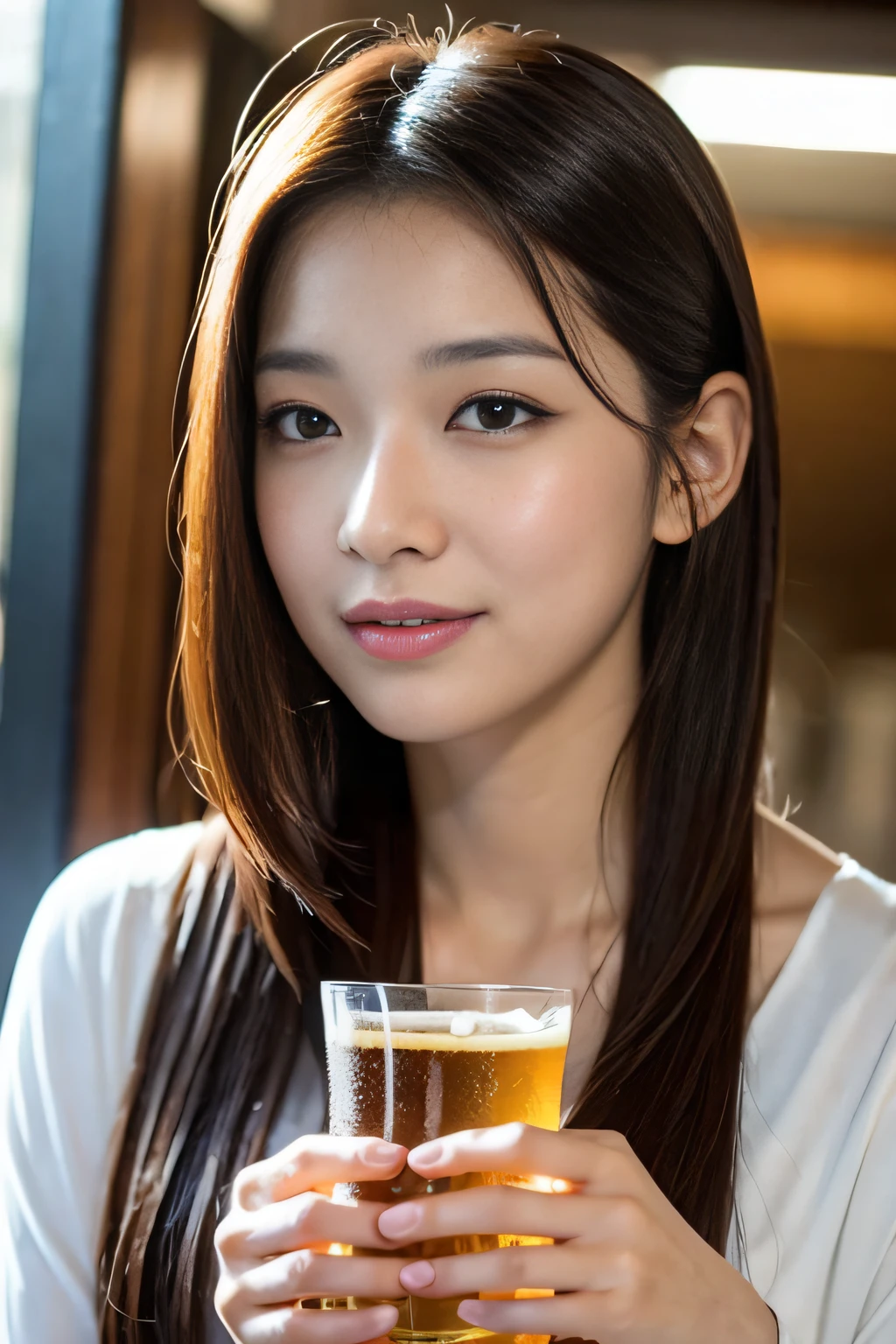 Realistic Japan woman in suit, beautiful japanese female, goddess of Japan, Beautiful Japan Female Face、Sexy Japan woman、facing front、Narrow-eyed、Single eyelid、Small eyes、tthin eyebrows、drooping eyes、30-year-old woman with、low nose、thin lipss、Dimples、small tits、Suppin、Drinking beer、Drunken cheerful face