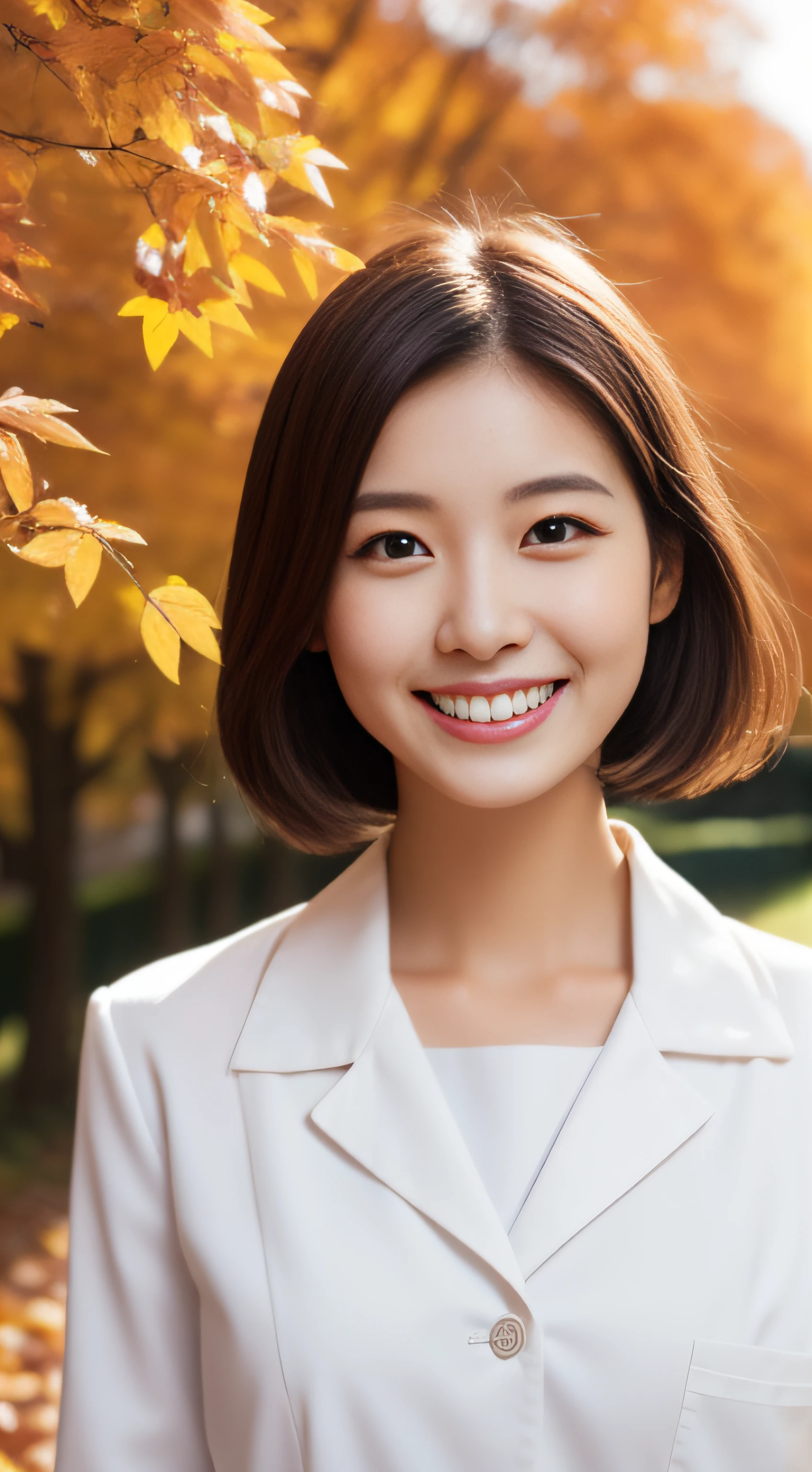 Hostess、White nurse uniform、hiquality、A hyper-realistic、healthy、Smiling expression、Slender perfect figure、Japan beauties、beautidful eyes、face perfect、Beautiful skin、Autumn leaves in the background