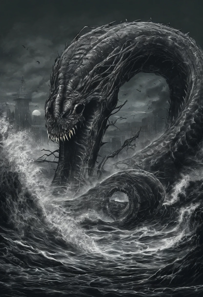 Huge monsters in the deep sea,Huge snake,with a huge mouth open,A submarine,A giant snake in the deep sea,Bite into the submarine,The contrast is evident in the dark style,depth of fields,high light