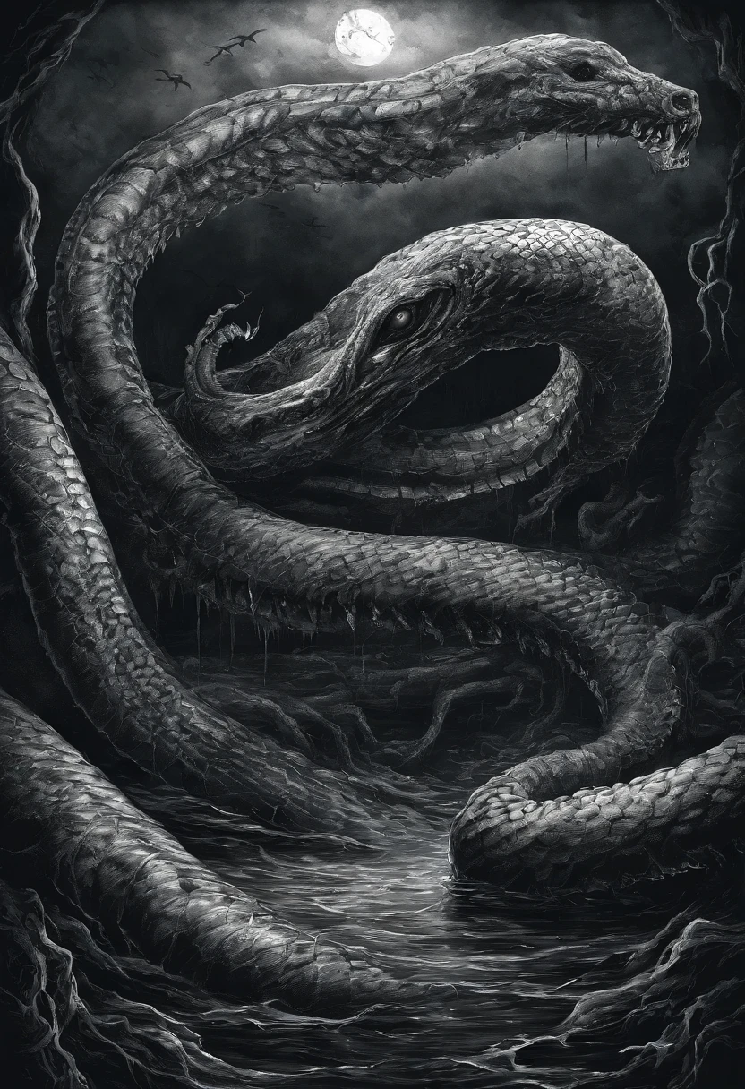 Huge monsters in the deep sea,Huge snake,with a huge mouth open,A submarine,A giant snake in the deep sea,Bite into the submarine,The contrast is evident in the dark style,depth of fields,high light