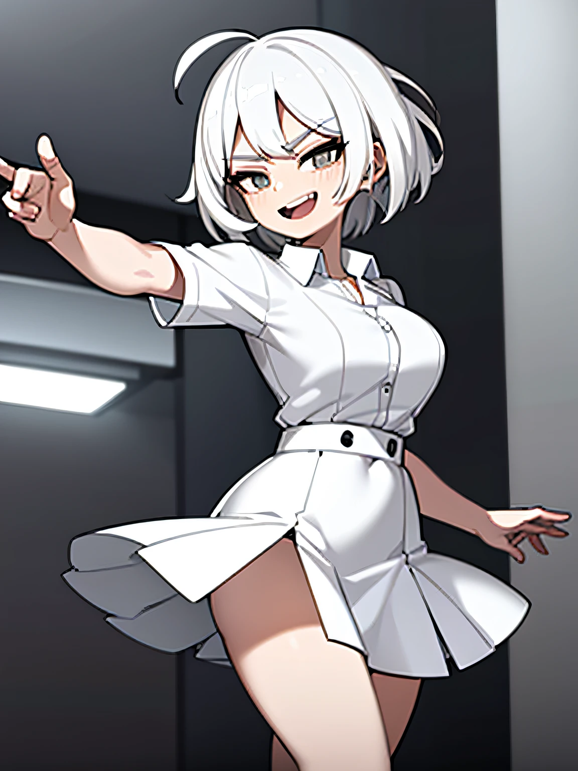 ((masterpiece, best quality)), (1girl), (solo), (female focus), (ahoge, white hair, short hair), black eyes, light smile, open mouth, ((white shirt), (buttoned shirt ), (button slit)), ((black dress), (short skirt)), standing, white background, behind arms, dynamic angle