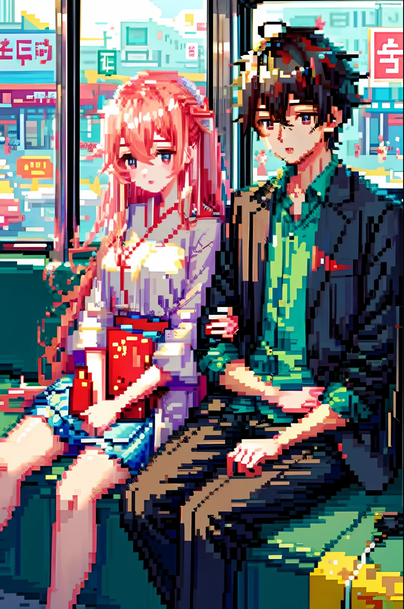 anime couple sitting on a bus together in the city, by Lü Ji, wlop painting style, art of wlop, by WLOP, by Tang Di, urban fantasy romance book cover, wlop art, by An Zhengwen, cgsociety 9, by Li Di, by Yao Tingmei, artgerm and ilya kushinov, sleep with love, (style pixel art)