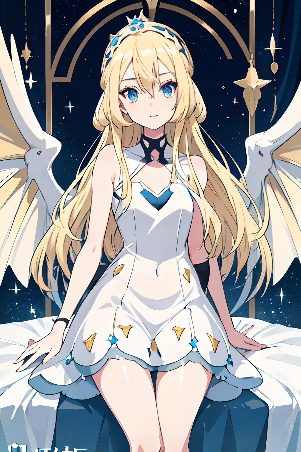 (masuter piece,Best Quality,Ultra-detailed), (A detailed face),Portrait of a European girl,Liliye,A pokémon,,a blond,blue eyes,Beautiful blonde,White Dress,flat-chest,heroic fantasy,font,magazine title,Magic Star of Light々