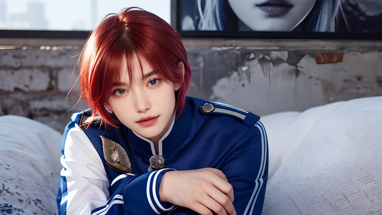 superfine illustration, very detailed beautiful face and eyes, Dynamic Angle, 15-year-old man in blue uniform, Body and head straight in the photo, Facing the viewer of the photo, Eyes fixed on the lens, You can see the shoulders and head in the photo, Man in the center of the photo, 8K, Best Quality, masutepiece, Realistic, photos realistic, cinematic photography, A hyper-realistic, 1 person, Detailed, Perfect Lighting, DSRL, professional photograpy, 4K, Show from head to knee, Ready for Battle, split-colored hair, The left half of the hair is white, The right half of the hair is red, Very short hair, Show from head to knee, tea shop, smirk