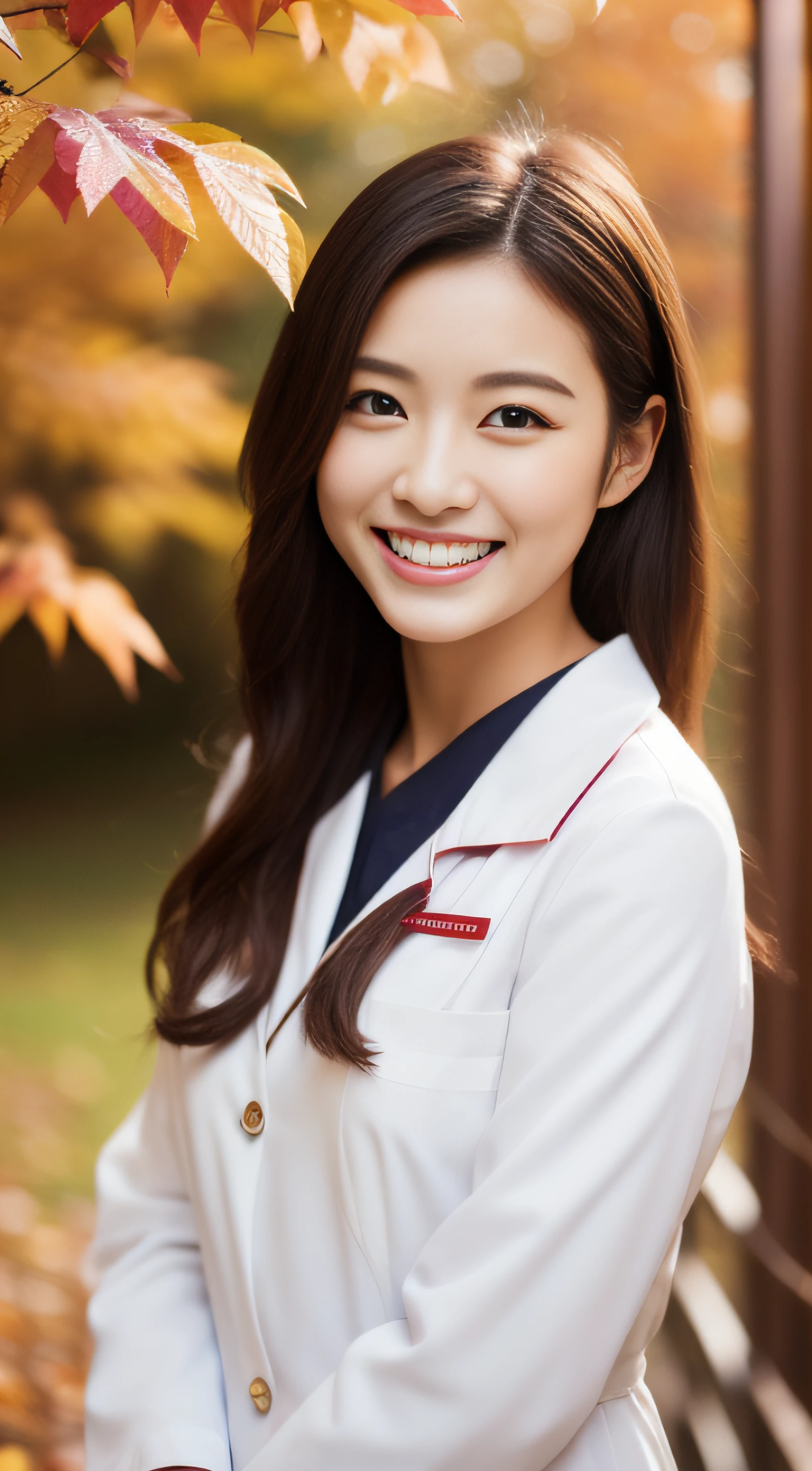 Hostess、White nurse uniform、hiquality、A hyper-realistic、healthy、Smiling expression、Slender perfect figure、Japan beauties、beautidful eyes、face perfect、Beautiful skin、Autumn leaves in the background