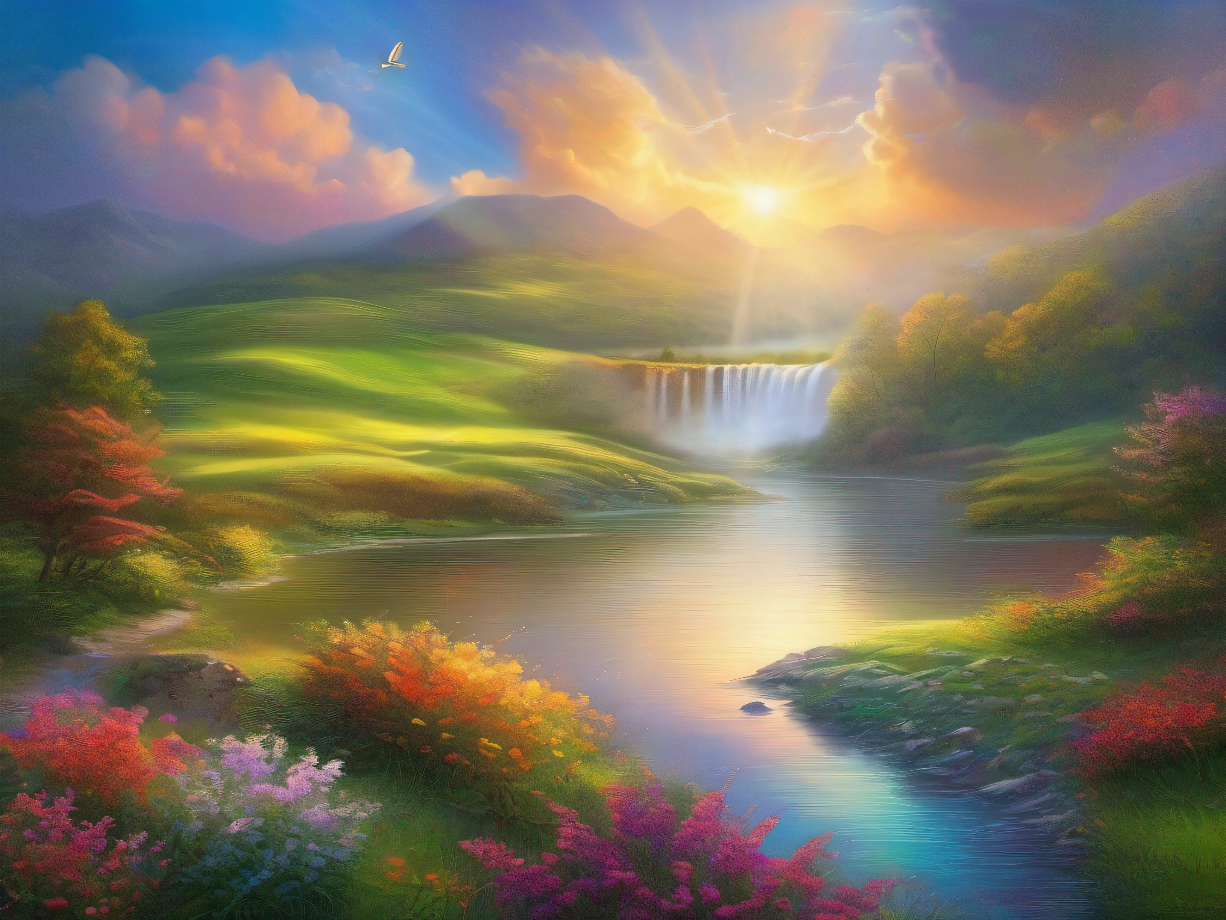 best quality,ultra-detailed,realistic,over the rainbow,landscape,bright colors,vivid sky,flying birds,green meadows,colorful flowers,serene river,peaceful surroundings,soft clouds,natural beauty,sunlight filtering through,impressive view,light breeze,calm atmosphere,magical aura,brilliant colors blend harmoniously,happy and joyous,peaceful and tranquil,beautifully-arched rainbow across the sky,vibrant and breathtaking scenery,a moment of awe and wonder,feeling of serenity,blissful harmony with nature,whisper of enchantment,where dreams come alive
